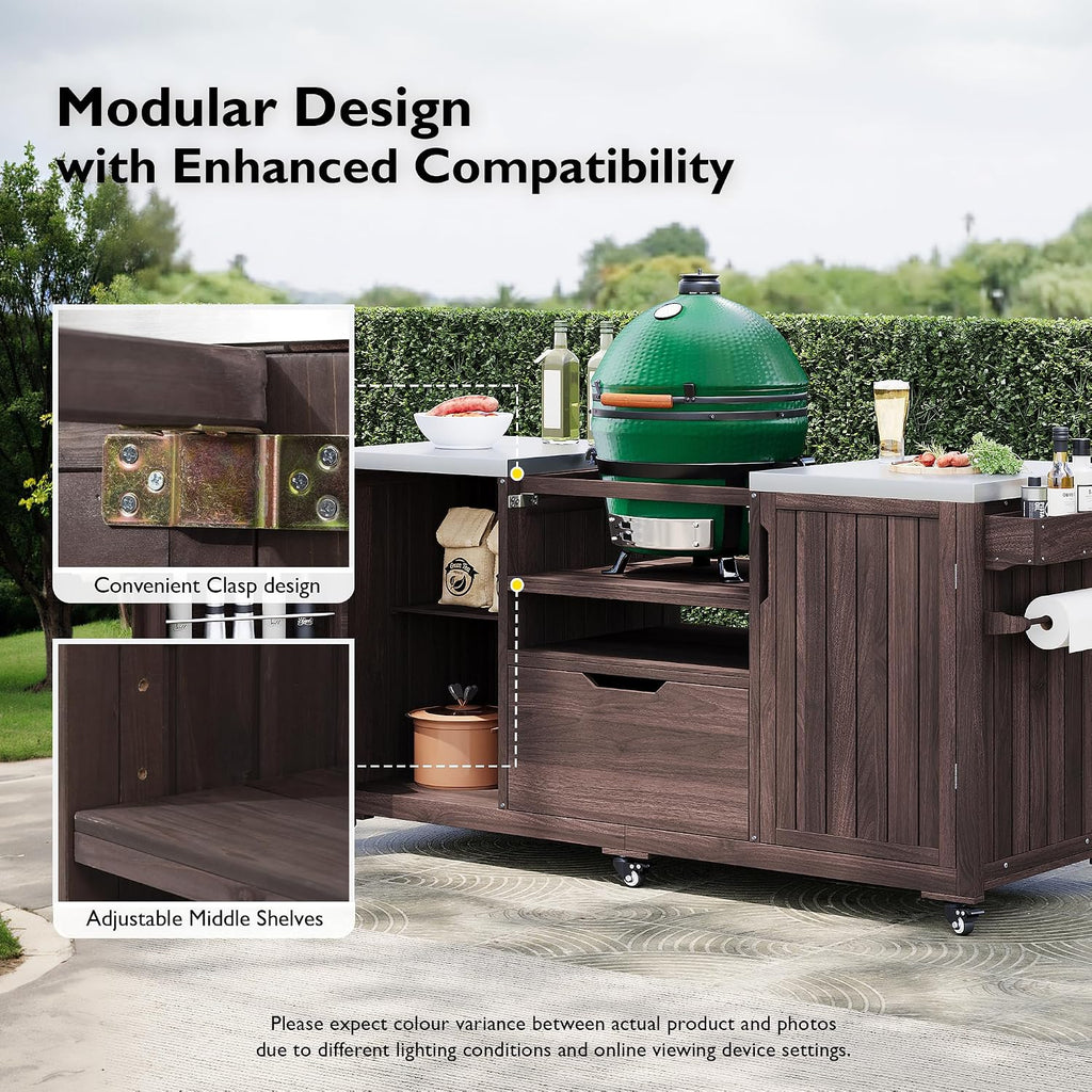 66.5' Large Outdoor Kitchen Island for Big Green Egg Grill, Outdoor Patio Bar Table with Stainless Steel Top and Adjustable Shelf, Rolling Grill Table Cart for Outside, Kitchen, BBQ, Dark Brown