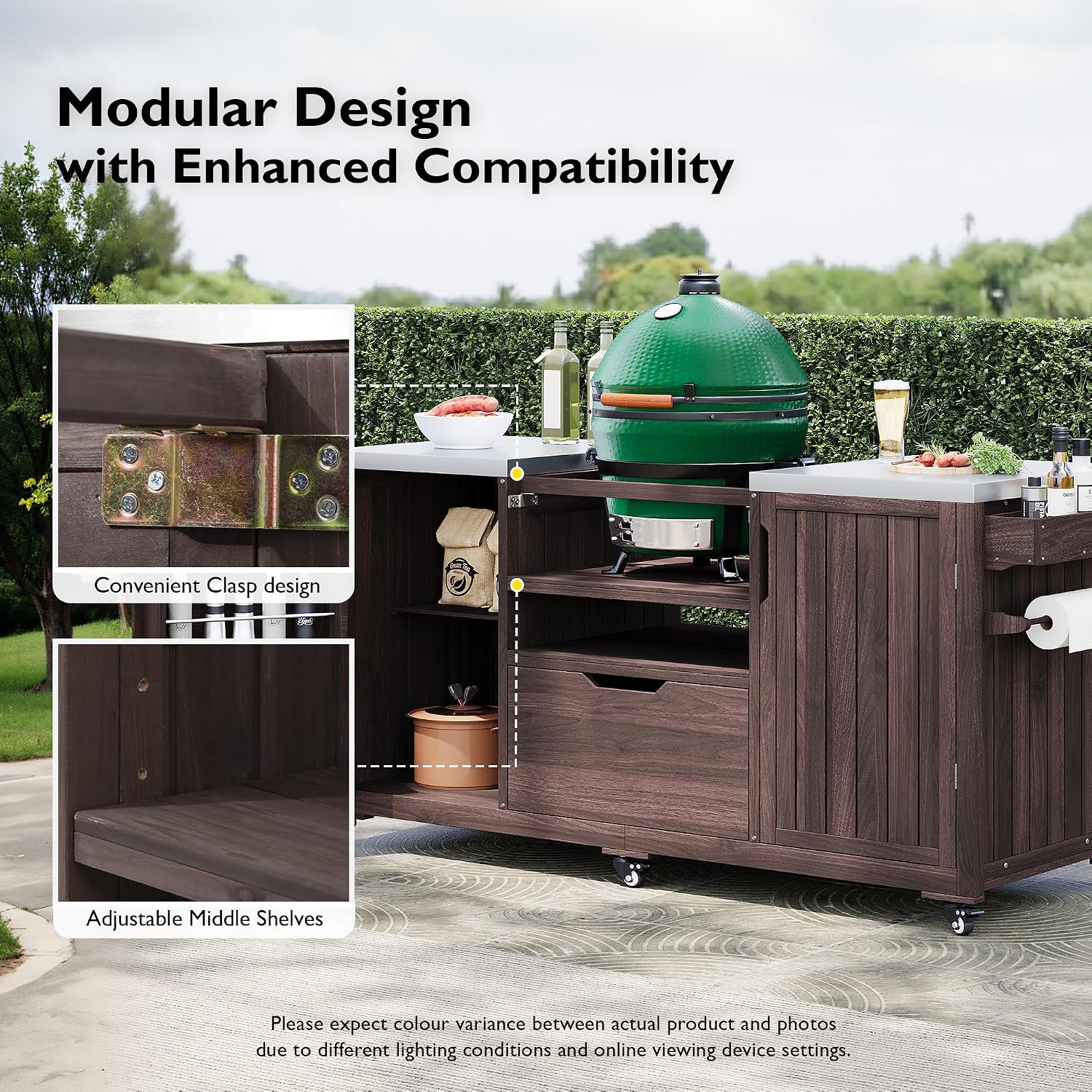 66.5' Large Outdoor Kitchen Island for Big Green Egg Grill, Outdoor Patio Bar Table with Stainless Steel Top and Adjustable Shelf, Rolling Grill Table Cart for Outside, Kitchen, BBQ, Dark Brown