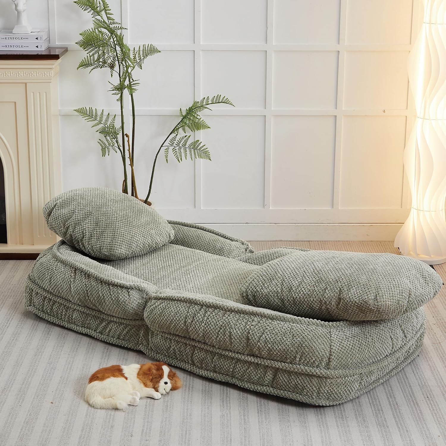 Floor Chair with Back Support, Folding Sofa Chair with 5 Adjustable Position, Plush Floor Gaming Chair, Meditation Chair for Lazy Boys, Human Dog Bed for Living Room, Bedroom, Lounge, Green