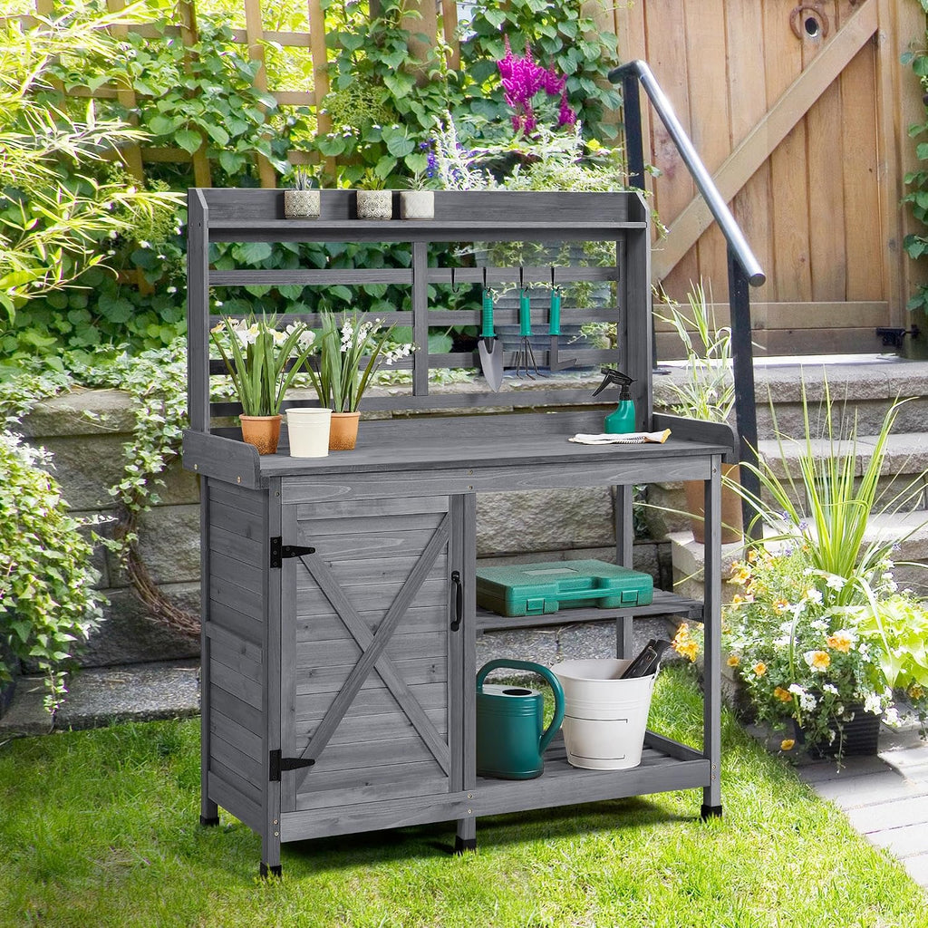 Yaheetech Outdoor Potting Bench, Large Horticulture Work Table Workstation with Storage Cabinet Shelf & Planting Working Console for Patio/Lawn/Garden - Gray