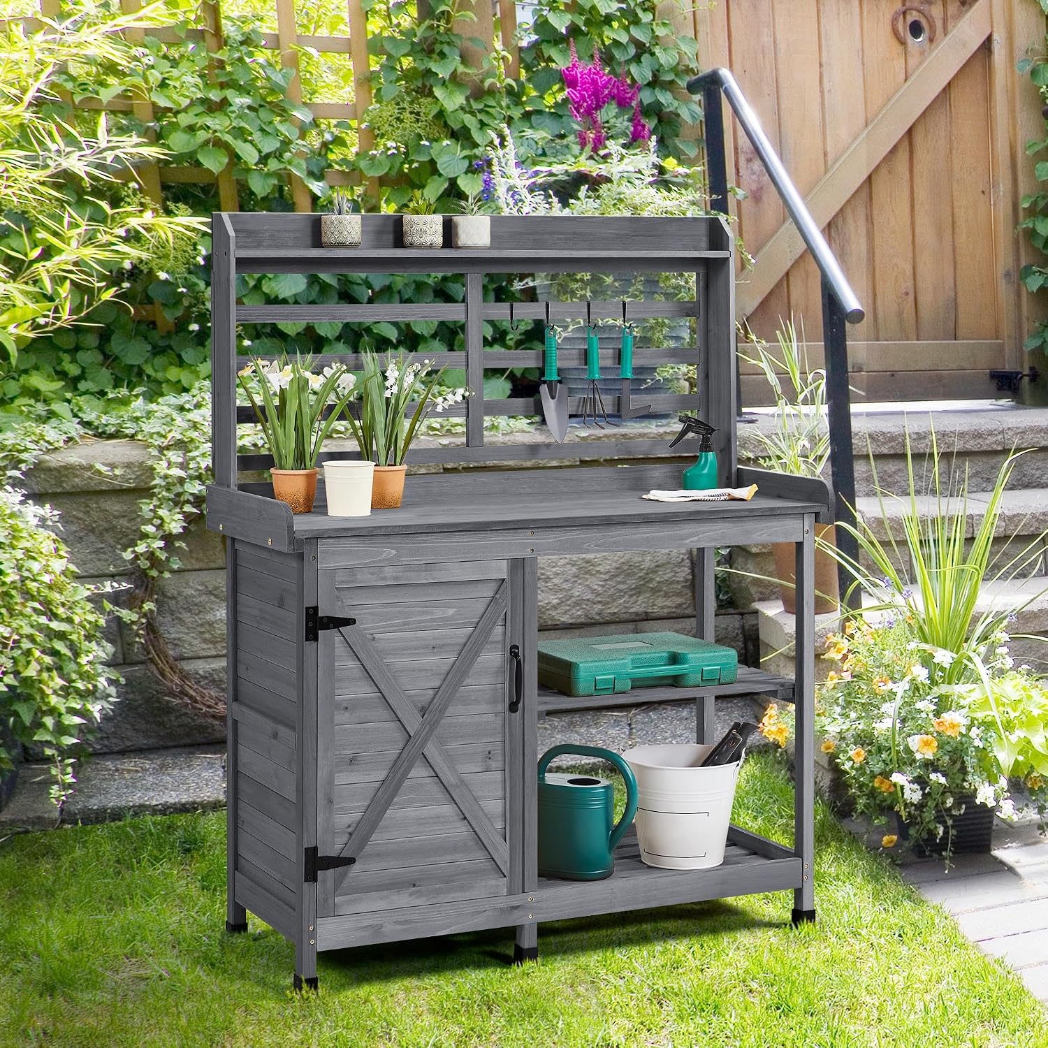 Yaheetech Outdoor Potting Bench, Large Horticulture Work Table Workstation with Storage Cabinet Shelf & Planting Working Console for Patio/Lawn/Garden - Gray