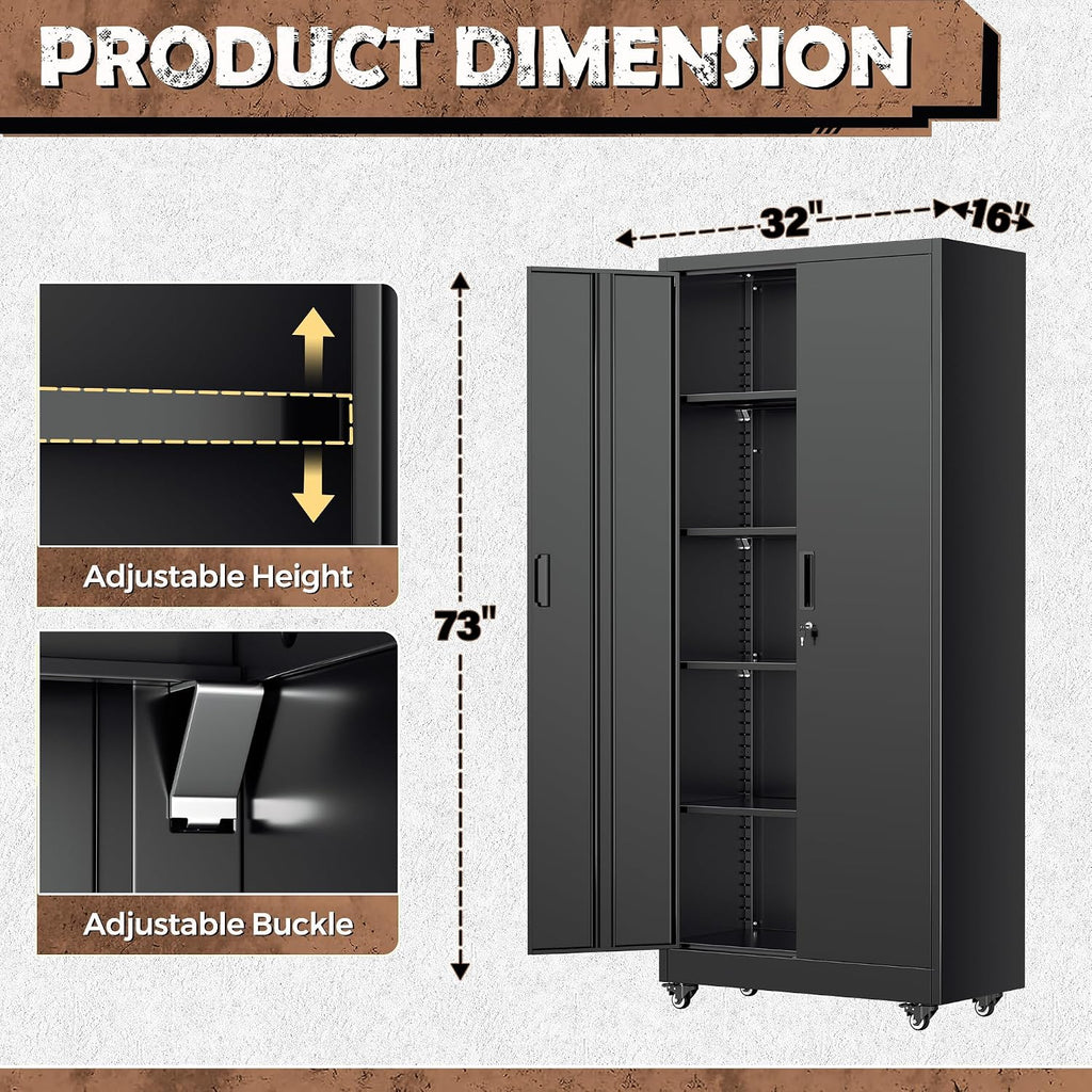 INTERGREAT73 Garage Storage Cabinet with Wheels, Rolling Metal Storage Cabinet with Locking Doors and 4 Adjustable Shelves,- 73' Steel Tool Cabinet for Home Office,Garage,Warehouse，Black