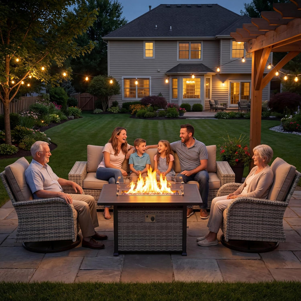 13-Piece Outdoor Patio Furniture Set with 55,000 BTU Fire Pit Table, PE Wicker Rattan Sectional Sofa Patio Conversation Set with Coffee Table, Navy Blue