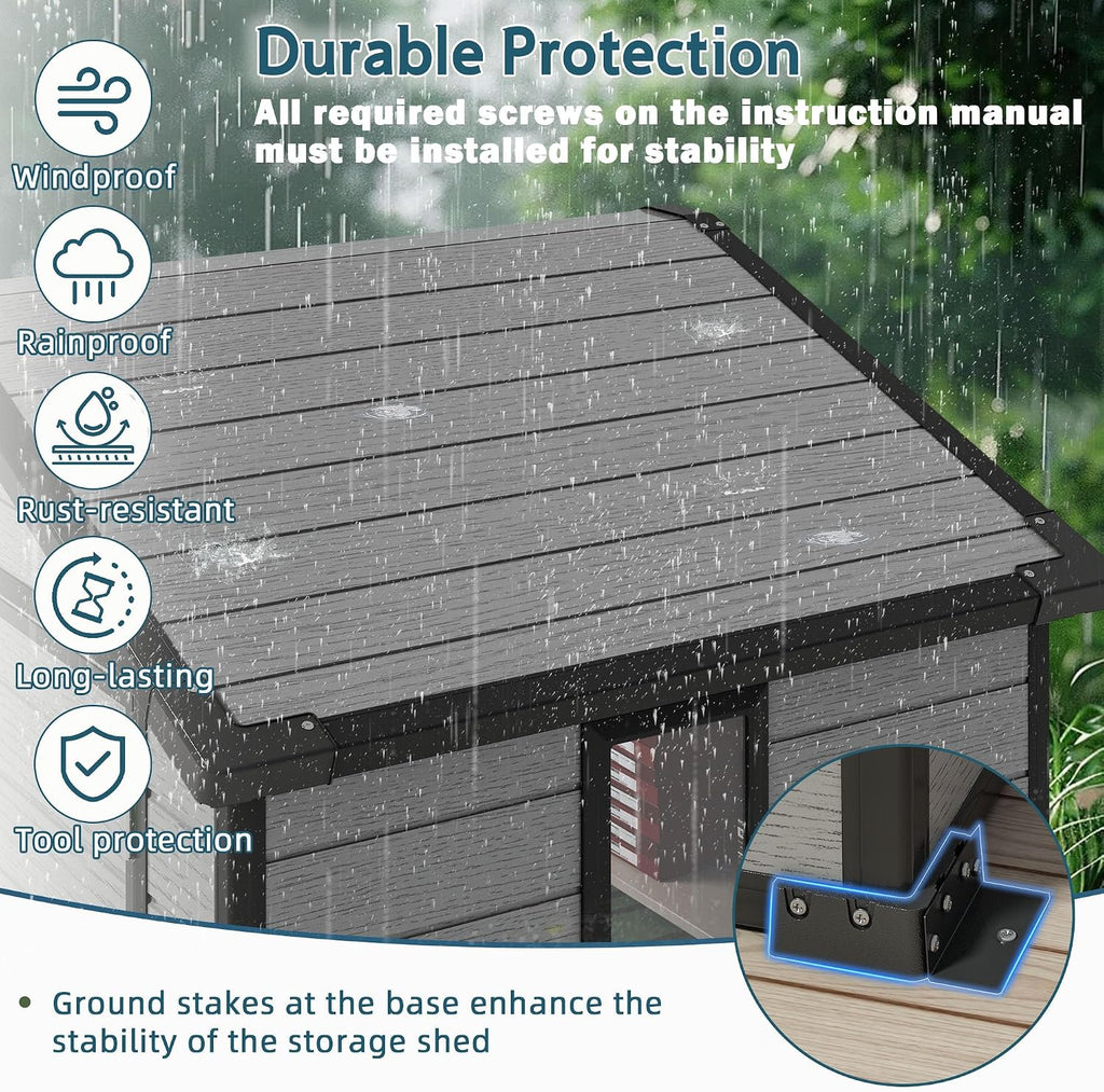 WUKHG 6X4 FT Plastic Storage Shed with Floor, Resin Storage Shed with Drainage Channel & Lockable Door, Outdoor Plastic Sheds Suitable for Bikes, Furniture, Gardening Tools