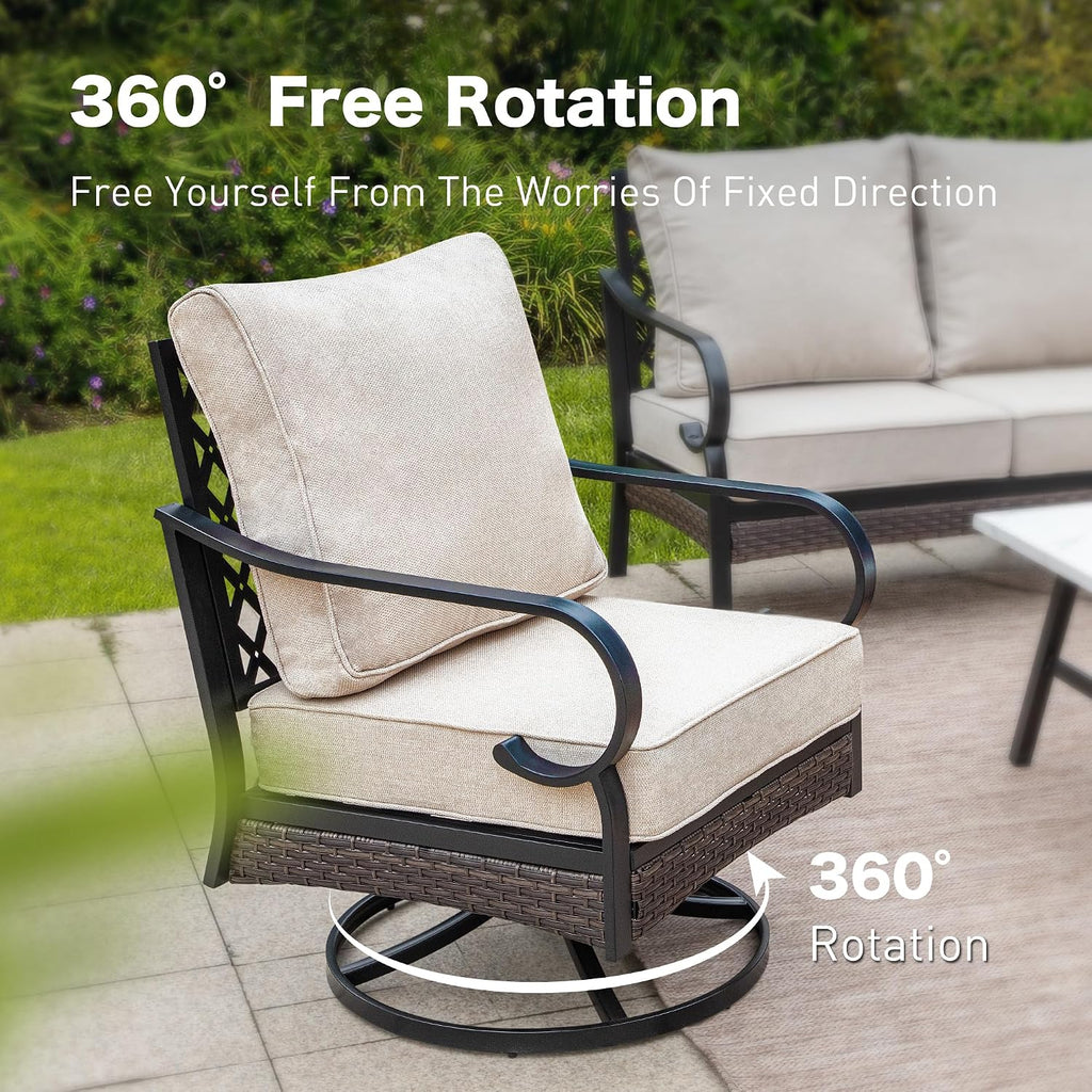 SUNSHINE VALLEY 6 Piece Metal Outdoor Patio Furniture Sets with Firepit Table, Patio Conversation Sets 1 3-Seater Sofa, 2 Leg Chair and 2 Swivel Chair with 5.75' Cushion for Backyard Deck, Beige