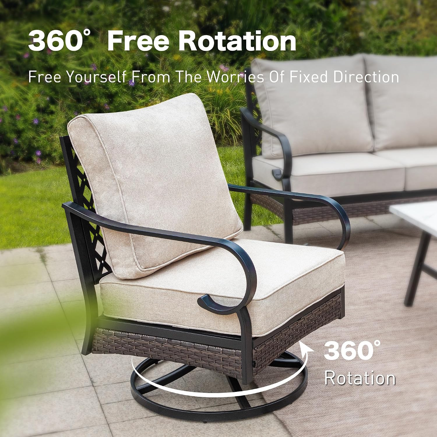 SUNSHINE VALLEY 4 Piece Black Metal Outdoor Patio Furniture Sets with Firepit Table, Patio Conversation Sets 1 3-Seater Sofa, 2 Swivel Sofa with 5.75' Thick Cushion Backyard Furniture for Deck, Beige