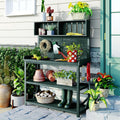 Merax 65' Large Wooden Farmhouse Rustic Outdoor Potting Bench Table with 4 Storage Shelves and Side Hook, Patio Workstation, for Garden, Backyard, Forest Green