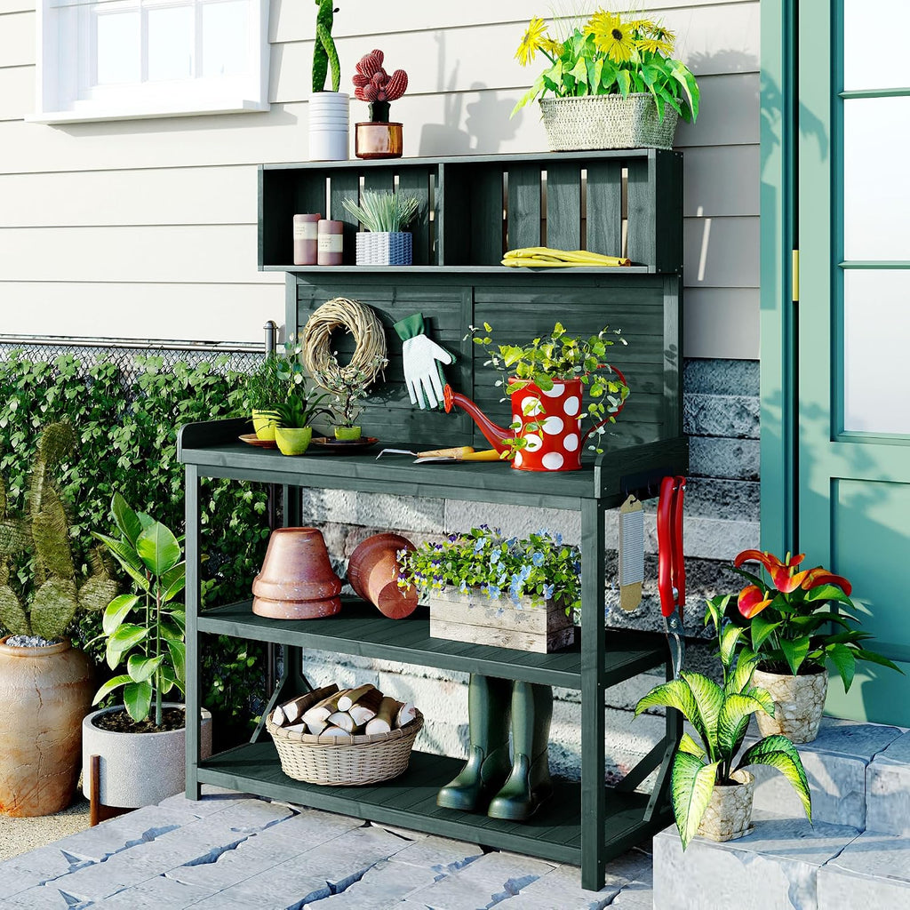 Potting Bench Table with Storage Shelves and Side Hook, Polibi Large Wooden Farmhouse Rustic Outdoor Patio Workstation, Garden Potting Bench with Splash Plate (Forest Green)
