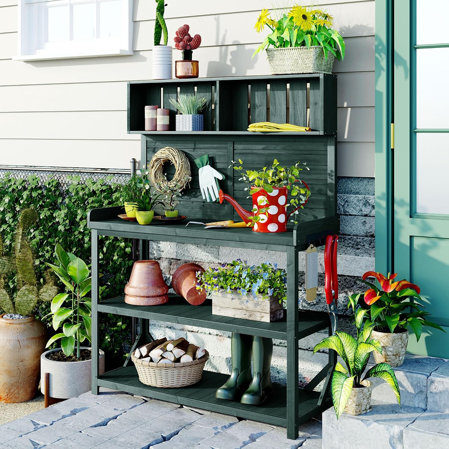 Potting Bench Table with Storage Shelves and Side Hook, Polibi Large Wooden Farmhouse Rustic Outdoor Patio Workstation, Garden Potting Bench with Splash Plate (Forest Green)