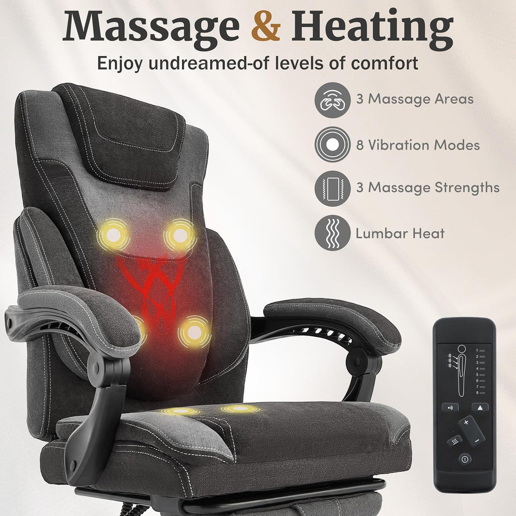 Massage Office Chair with Foot Rest,6-Point Vibration & Heat Reclining Computer Chair,Big and Tall Fabric Office Chair for Heavy People,Ergonomic Executive Desk Chair,Thick Cushion,High Back,BlackGrey