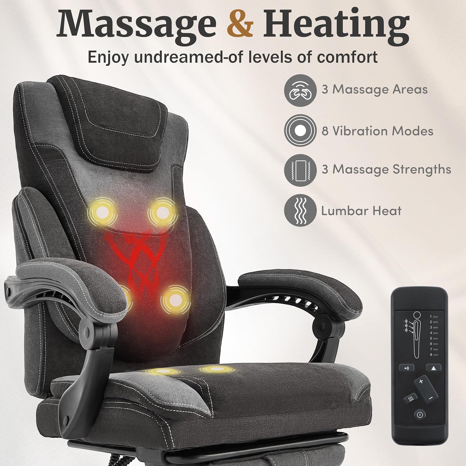 Massage Office Chair with Foot Rest,6-Point Vibration & Heat Reclining Computer Chair,Big and Tall Fabric Office Chair for Heavy People,Ergonomic Executive Desk Chair,Thick Cushion,High Back,BlackGrey