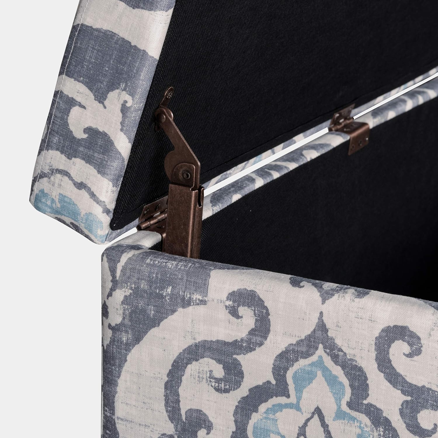 HomePop Large Upholstered Rectangular Storage Ottoman Bench with Hinged Lid, Slate Damask