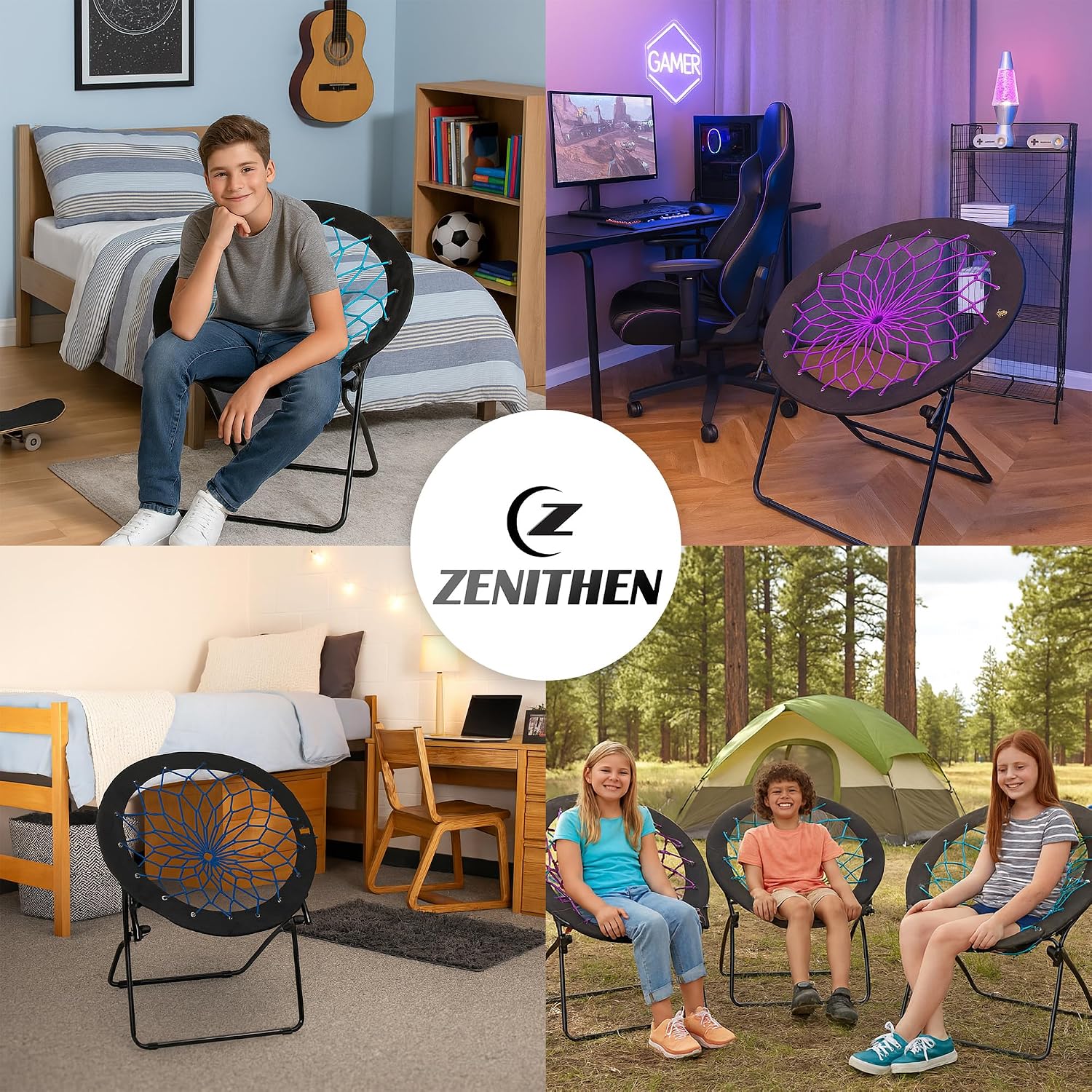 Zenithen Foldable 29' Bunjo Bungee Chairs, Plum, Indigo & Teal (Pack of 3) - Lightweight Collapsible Seating for Teens, Adults, Dorms, Bedrooms, Camping & Gaming - 225lb Capacity Portable Seat