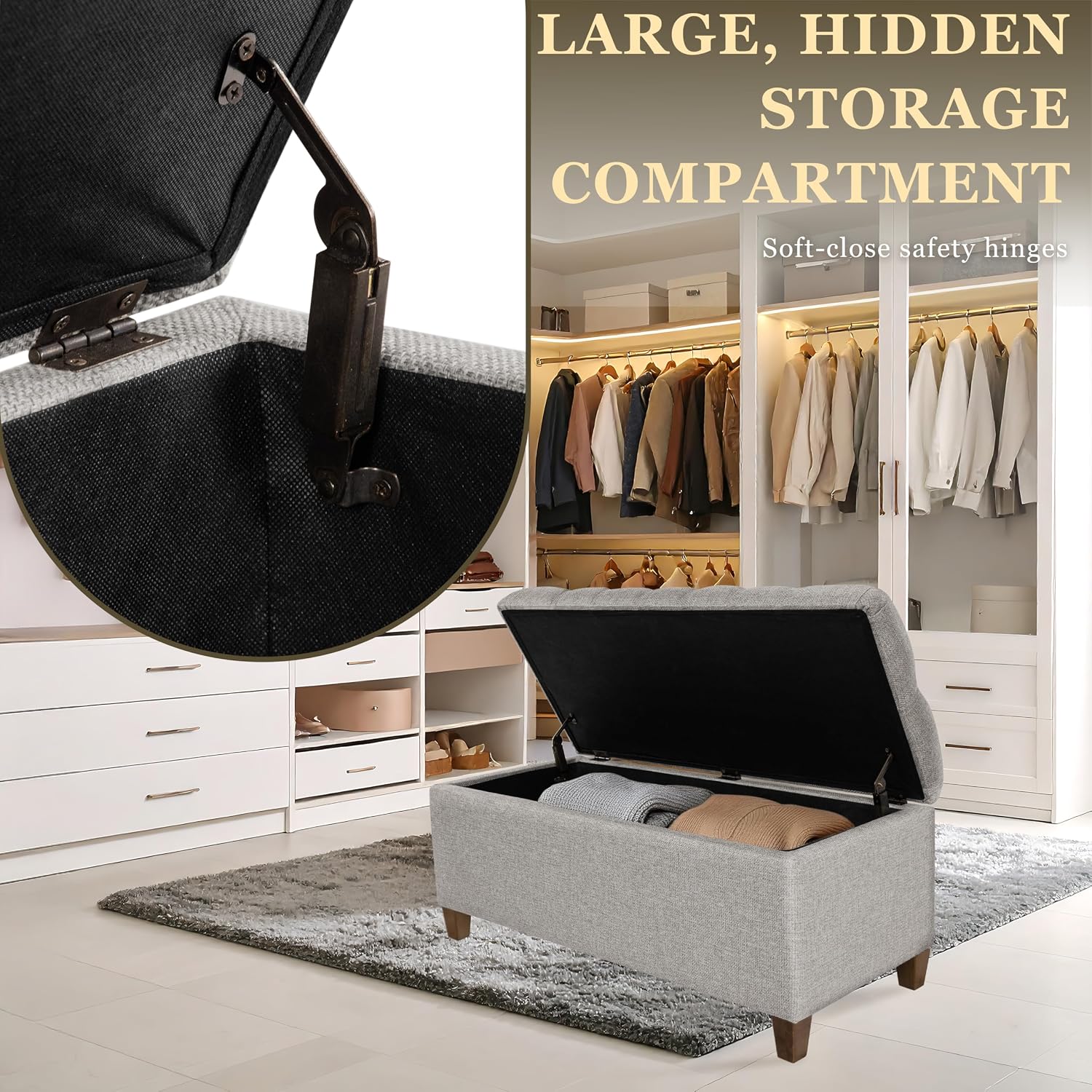 Homepop Home Decor Tufted Ainsley Button Storage Ottoman Bench with Hinged Lid Ottoman Bench with Storage for Living Room & Bedroom, Gray Fabric