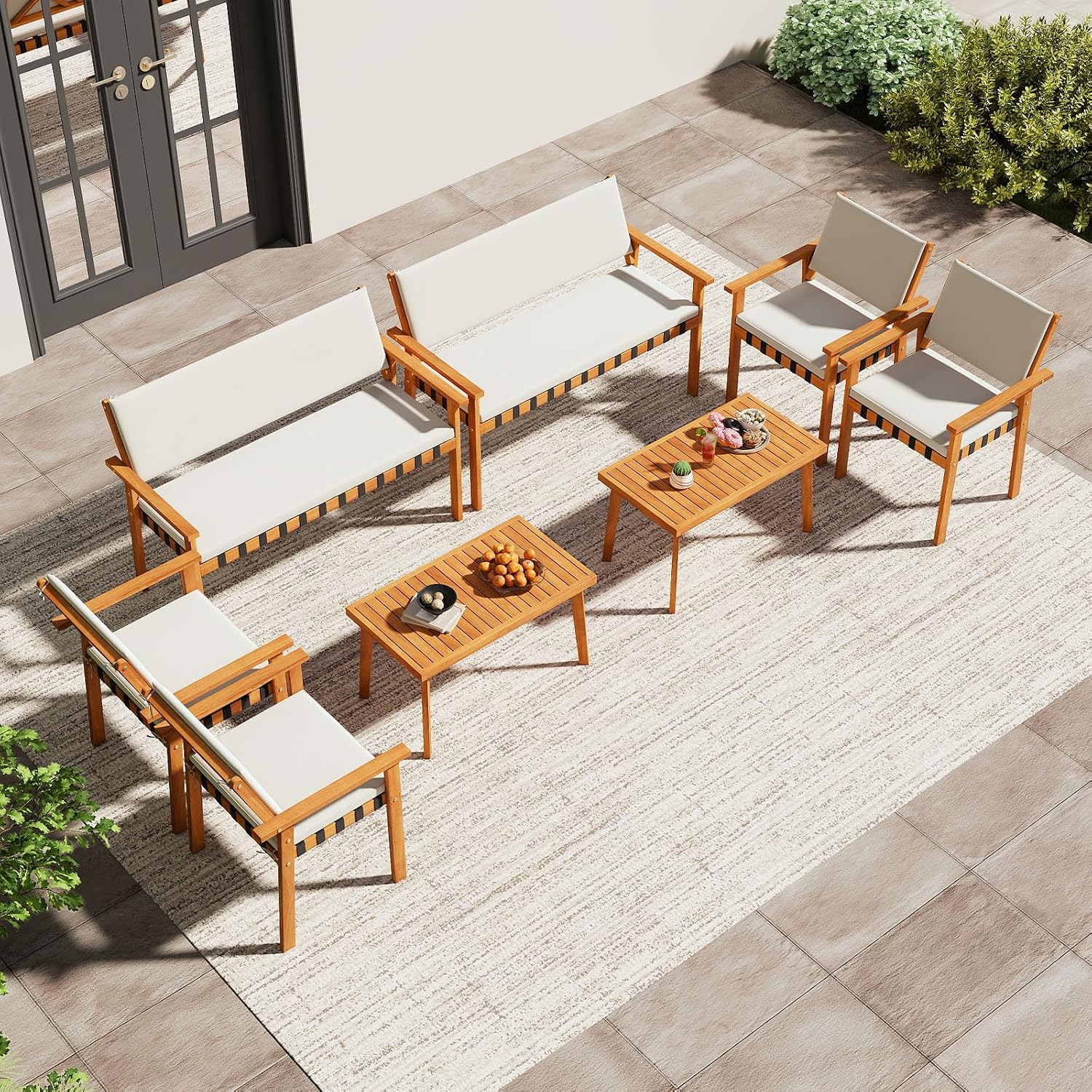 Tangkula 8 Pieces Wood Patio Furniture Set, Outdoor Acacia Wood Cuhioned Conversation Set with Coffee Table, for Backyard,Porch,Garden,Lawn