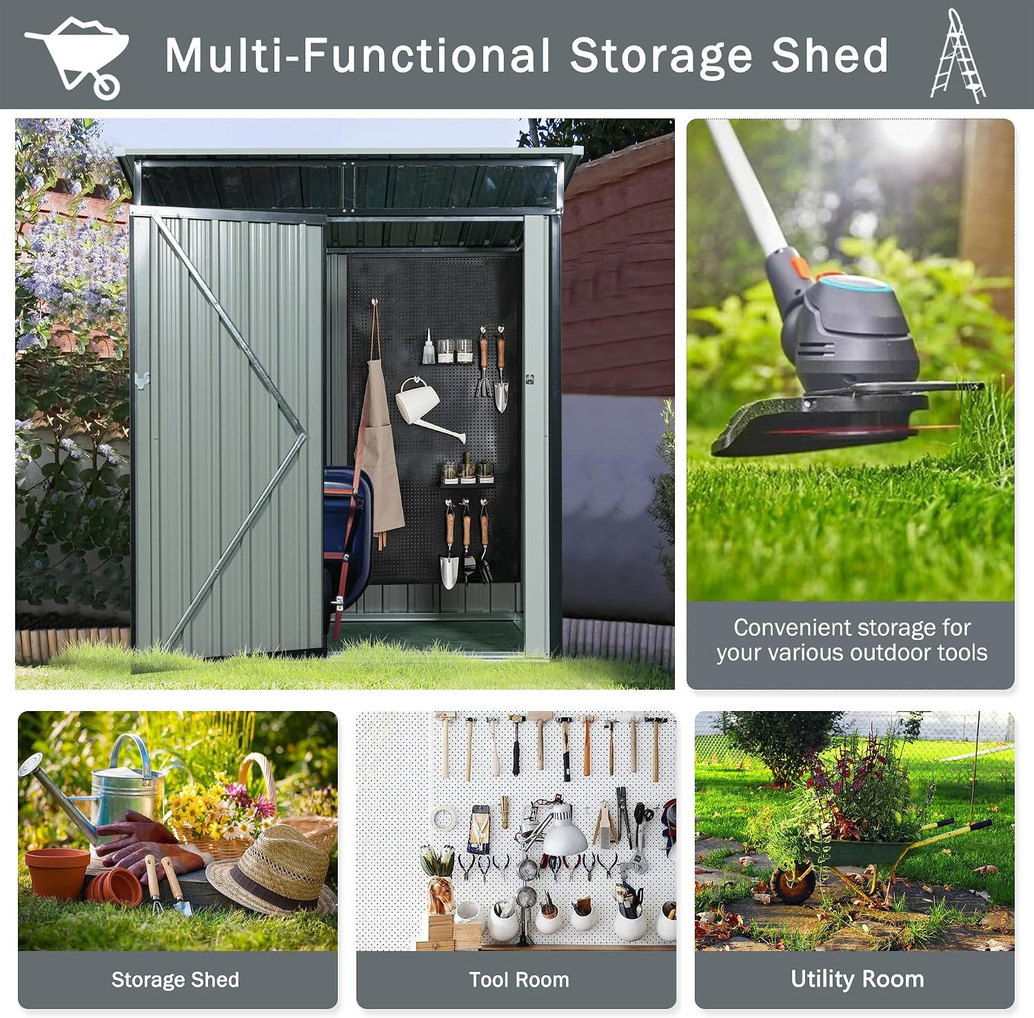 KEIKI 5x3 FT Outdoor Metal Storage Shed with Transparent Plate and Lockable Door for Garden Yard Lawn