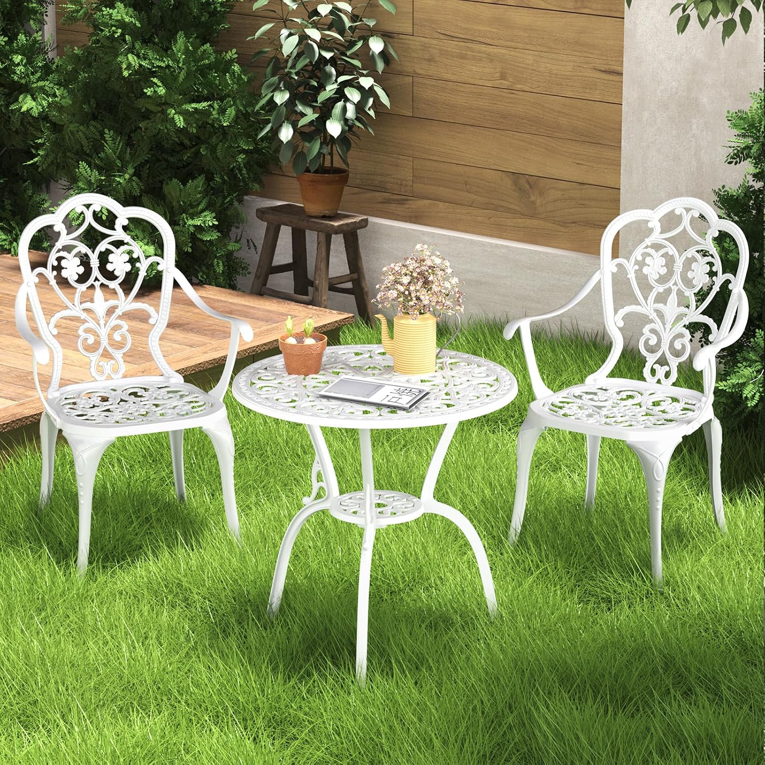 Patio Bistro Set of 2, Cast Aluminum, Outdoor Set w/Umbrella Hole, 3 Piece Table and Chairs Set, Bistro Set for Backyard/Garden/Lawn, White