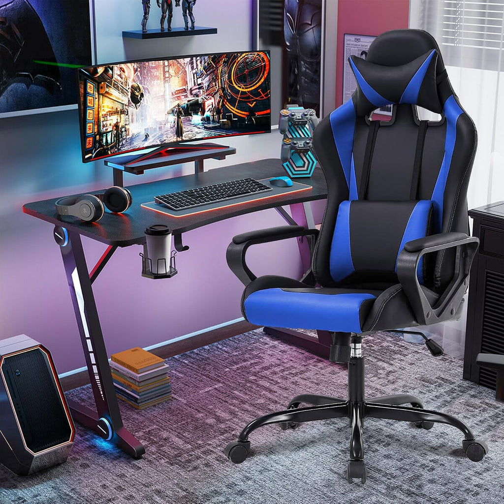 Video Game Chair Gaming Chair Computer High Back Office Desk Chair with Lumbar Support Adjustable Swivel Reclining Rolling PU Leather Game Chairs (Blue)