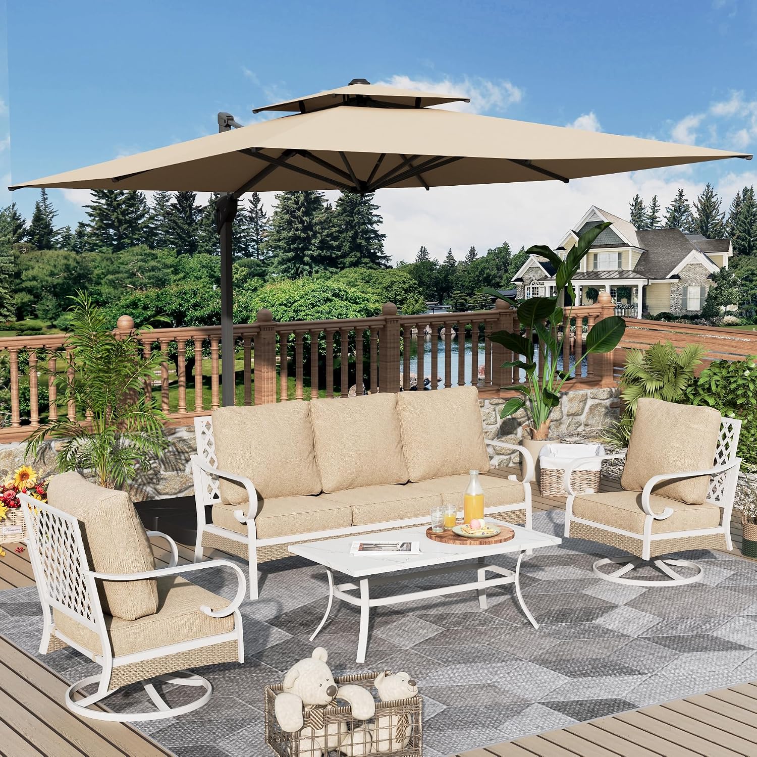 MIXPATIO 4 Piece Patio Furniture Set, 2 x Swivel Chair, 1 x 3-Seat Sofa with Marbling Coffee Table, All Cushioned 5 Seats Outdoor Conversation Set for Lawn Garden Backyard, Beige