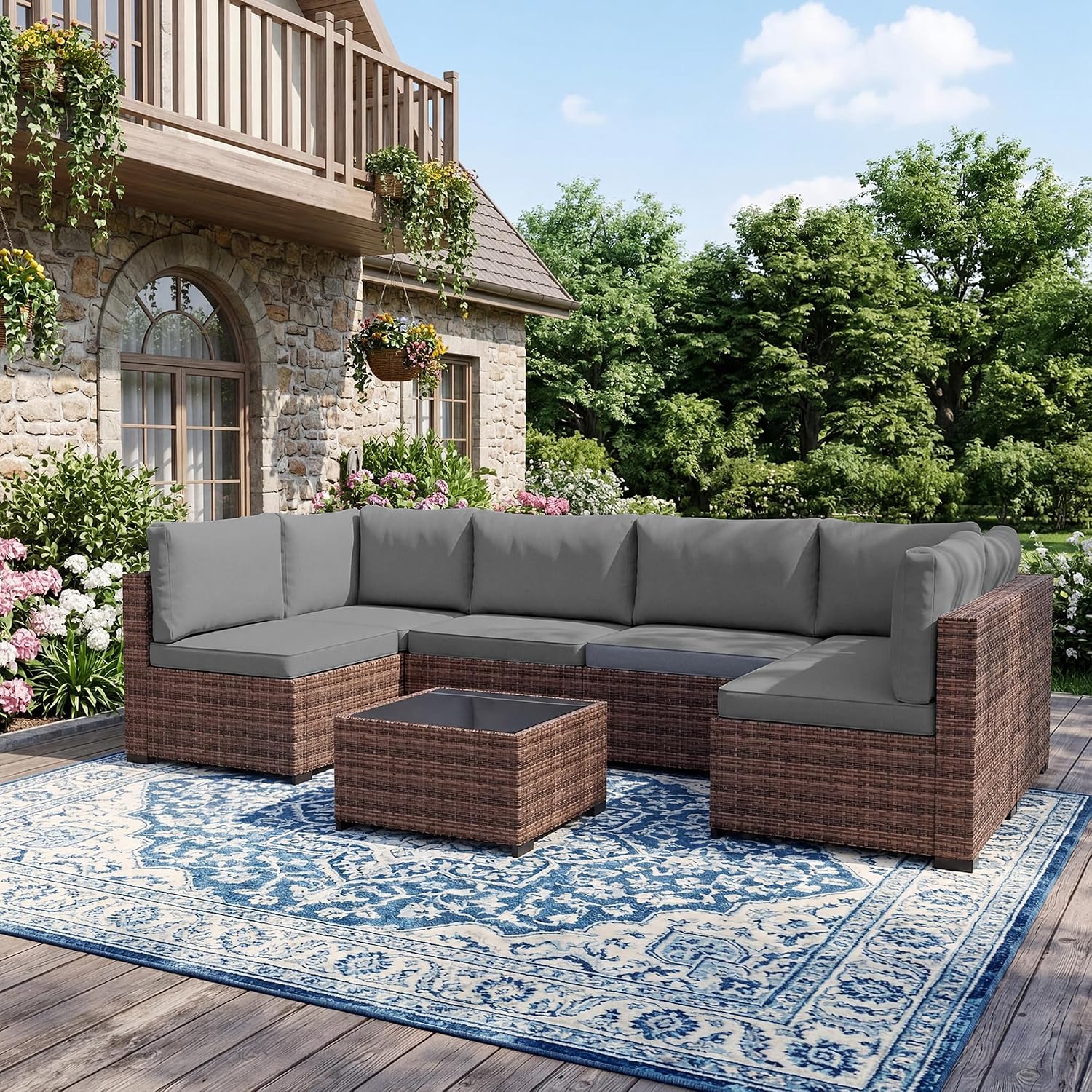 LHBcraft Patio Furniture Set with Rain Cover,7 Pieces Outdoor Wicker Rattan Patio Furniture, Wicker Rattan Outdoor Sectional Sofa Set with Coffee Table for Garden, Poolside Taupe-Grey