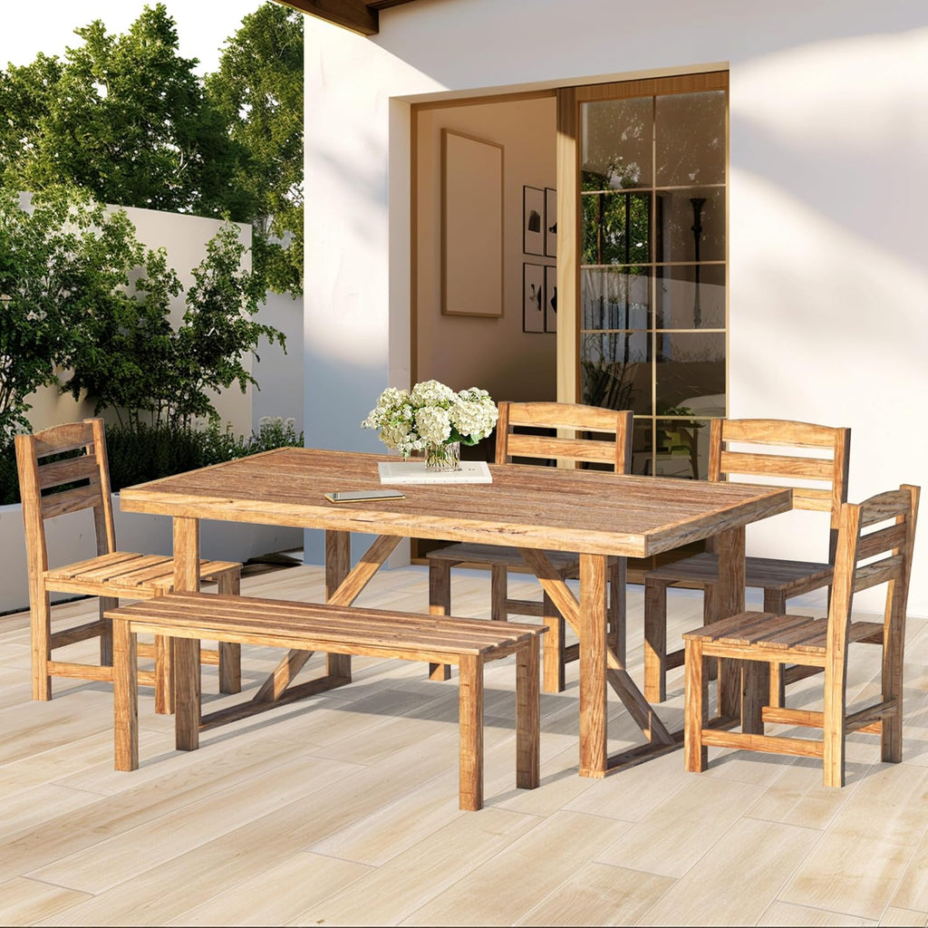 7 Pieces Patio Dining Set for 6, Acacia Wood Outdoor Dining Table and Chairs, All Weather Patio Furniture Set with Bench for Yard Garden Lawn Porch & Poolside