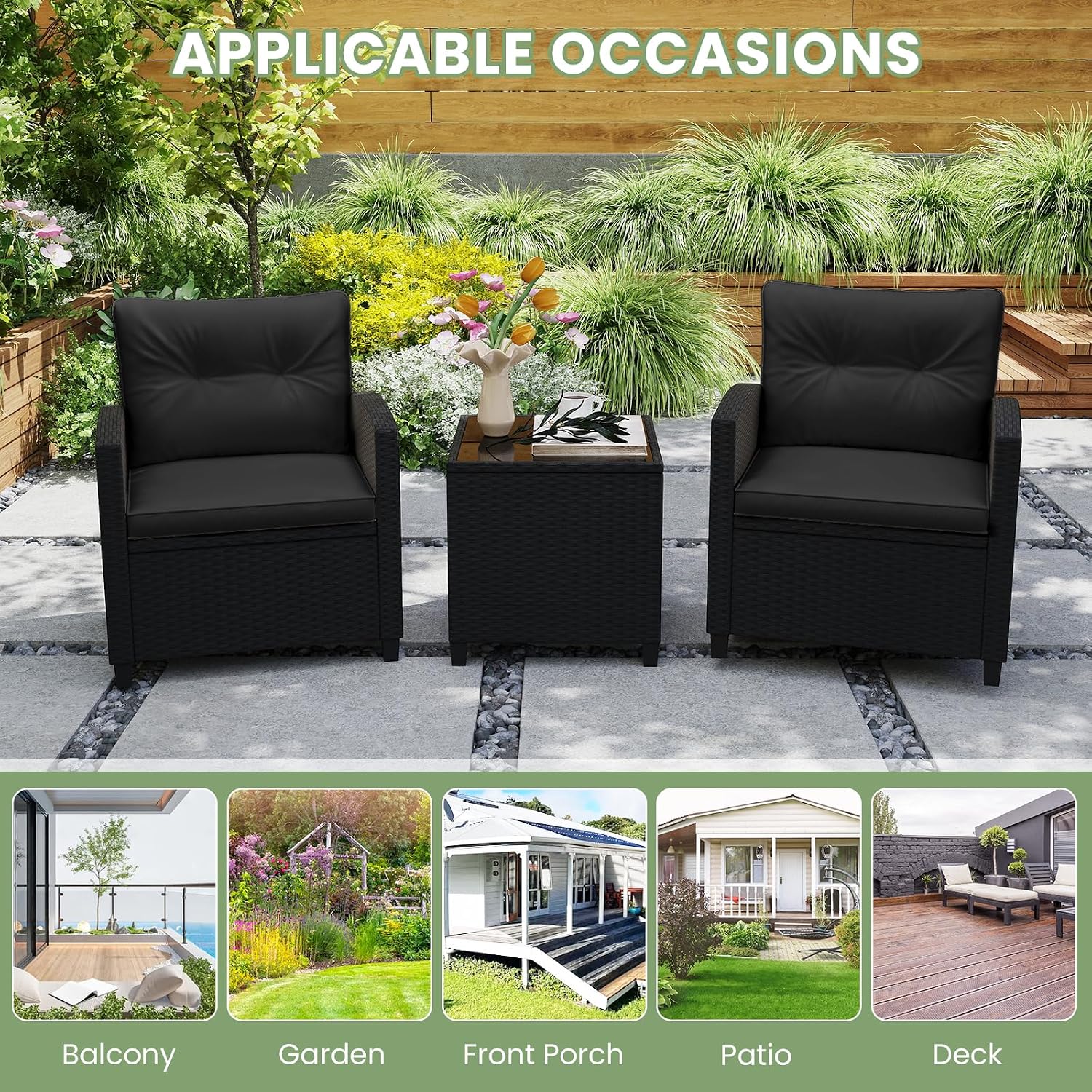 ORALNER 3 Pieces Patio Furniture Set, Wicker Conversation Set Outdoor Chairs with Cushions, Glass Coffee Table, Rattan Bistro Set for Front Porch Balcony Garden Deck Poolside (Black)