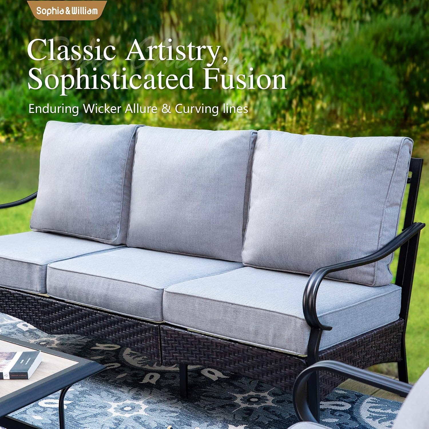 Sophia & William Patio Furniture Set with Fire Pit Table, 4 PCS Metal Outdoor Conversation Set with Fire Pit Table, 2 Sofa Chairs,3-Seater Couch for Outdoor Seating, Backyard, Porch(Grey)