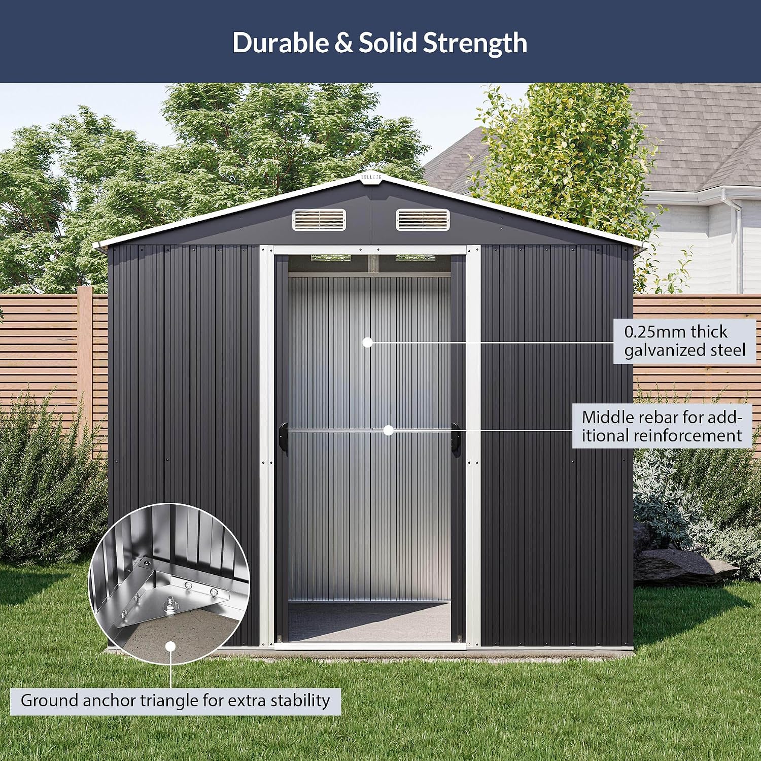 BELLEZE 8 x 6 FT Weatherproof Garden Storage Shed, Reinforced Outdoor Metal Shed with Air Vent and Lockable Door, Storage Shed for Store Bike, Tools, Lawnmower, Outdoor Chairs in Backyard, Patio