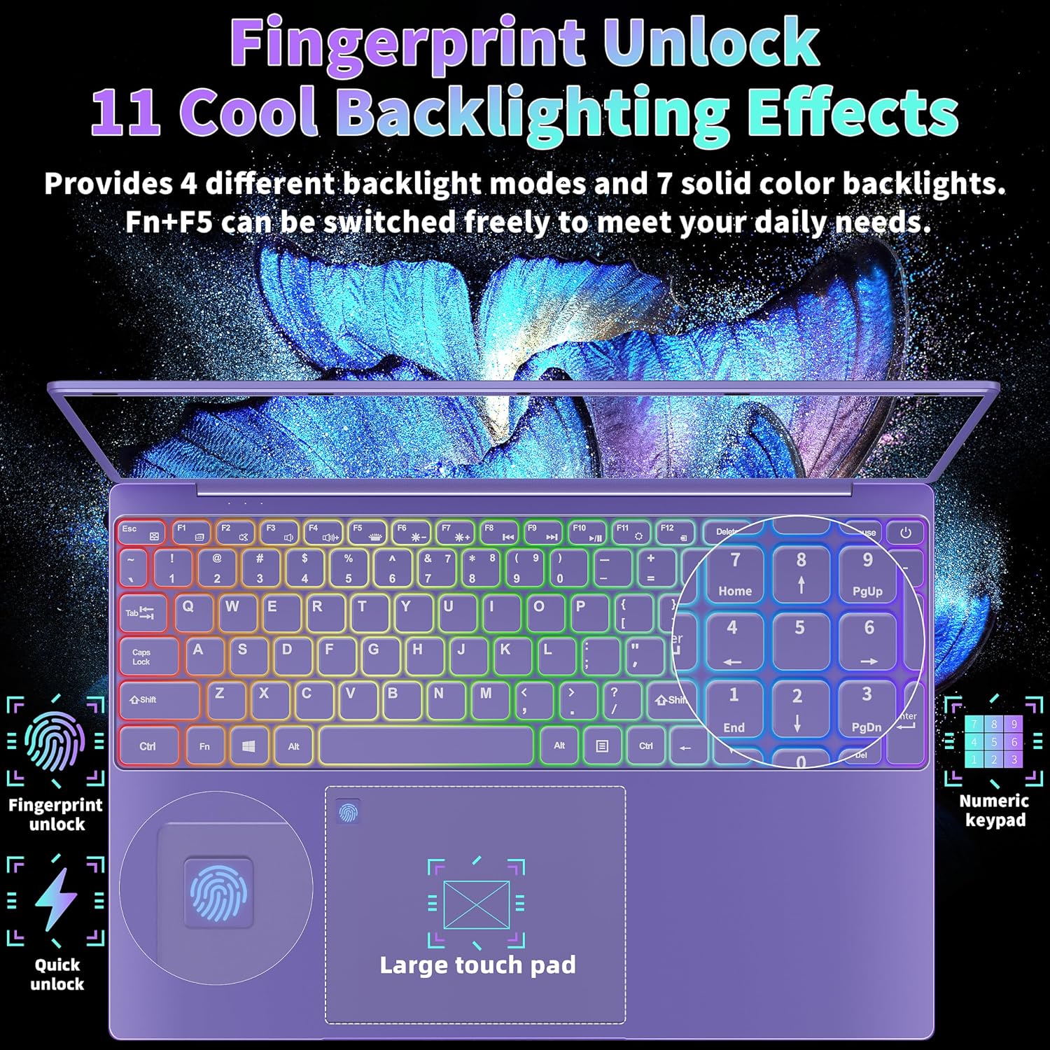 16' Purple Laptop Computer - 512GB NVMe SSD 12GB LPDDR5 RAM, N95 Processor, 1920X1200 FHD IPS, RGB Backlit Keyboard, Fingerprint, Win 11 Pro, Ergonomic Design for Students Business Home Use