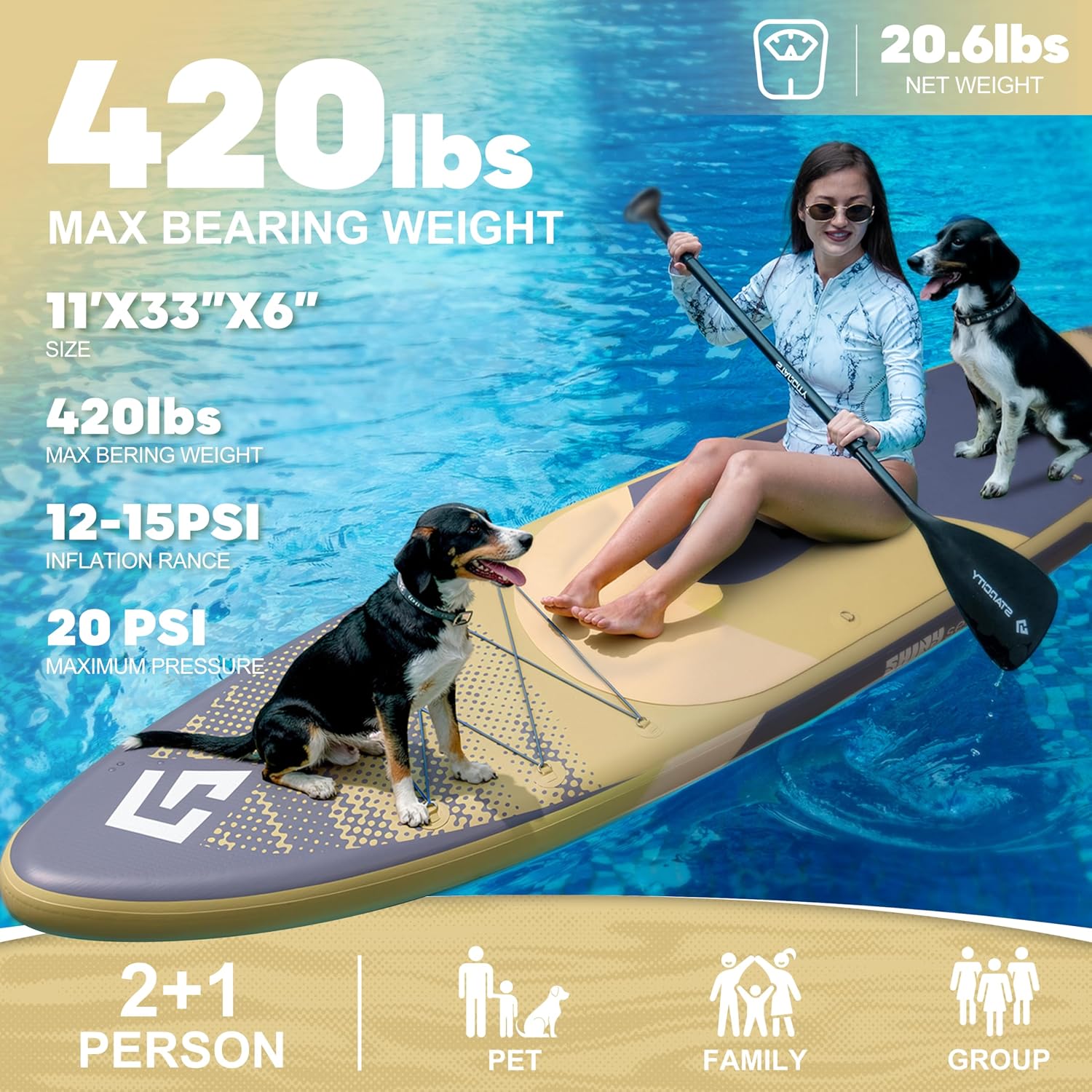 Starcity 11'x34*6' Blow Up Paddle Board, Inflatable Paddle Board, Spacious and Stable, Anti Slip and Easy to Operate, Large Size Suitable for Single Person/Family/Pet Use