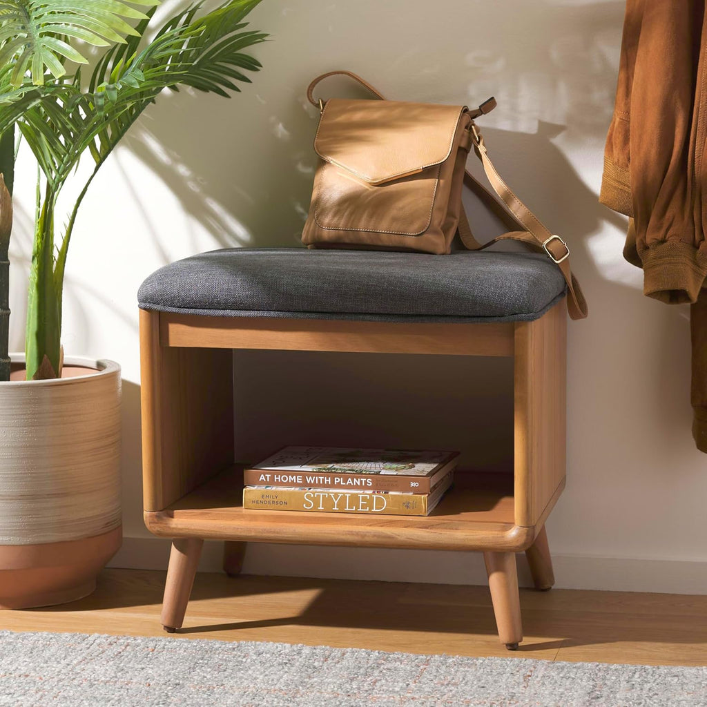 SAFAVIEH Home Collection Solo Dark Grey/Natural Open Shelf Bench with Cushion