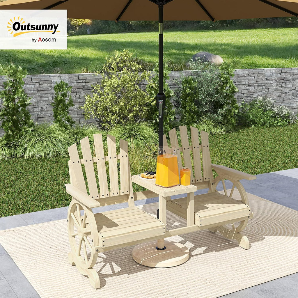 Outsunny Wooden Garden Bench with Table, Umbrella Hole, 2-Seater Wagon Wheel Outdoor Bench with Slatted Seat, High Backrest, Armrests for Backyard, Patio, Garden, Natural Wood