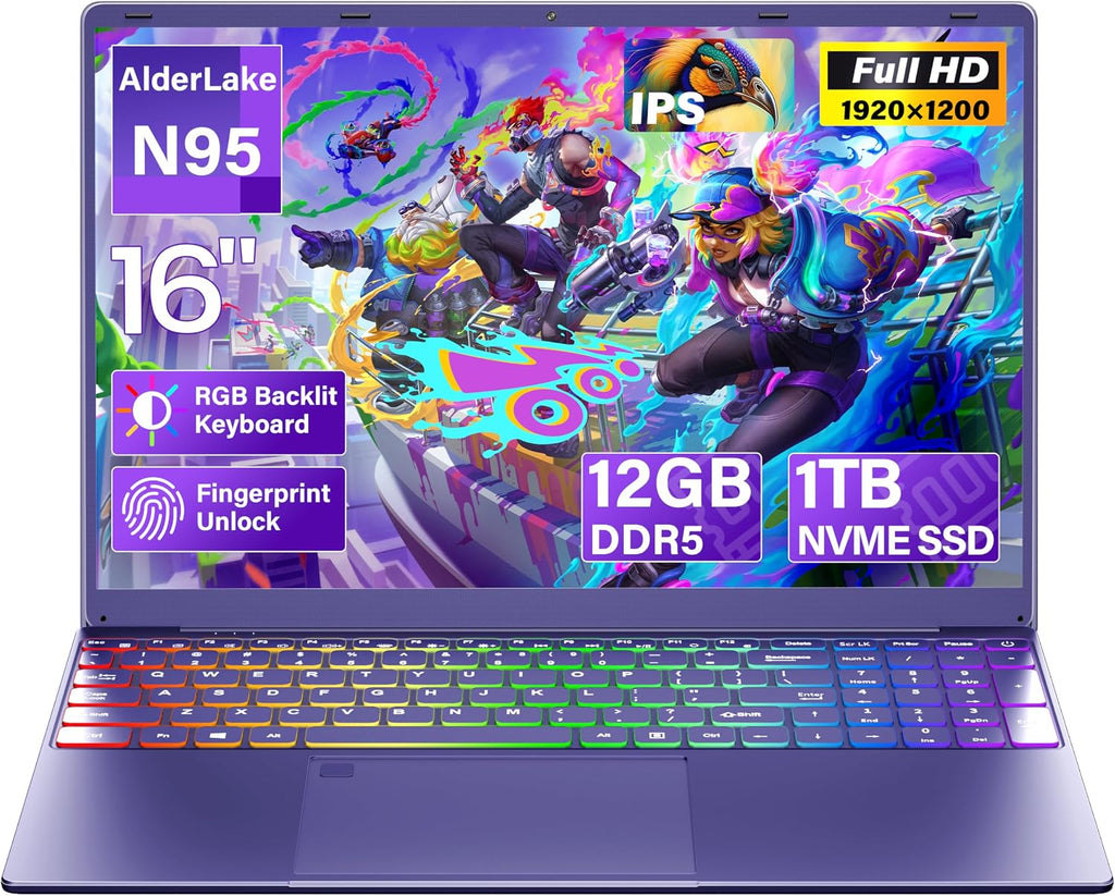 16' Purple Laptop Computer - 1TB NVMe SSD 12GB LPDDR5 RAM, N95 Processor,1920X1200 FHD IPS, RGB Backlit Keyboard, Fingerprint, Win 11 Pro, Ergonomic Design for Students Business Home Use