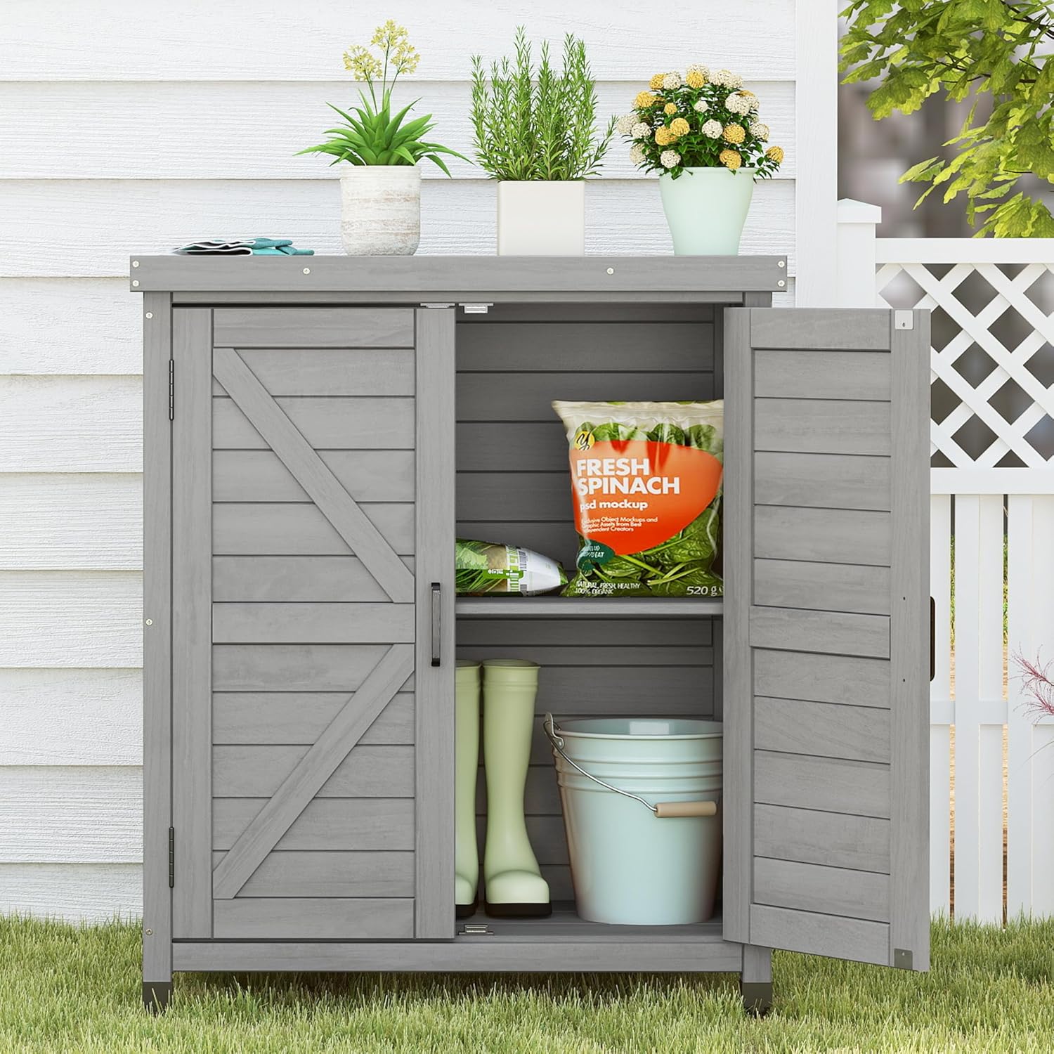 Potting Bench with Storage Cabinet and Metal Table Top for Outdoor Patio, Garden Furniture Wood Workstation