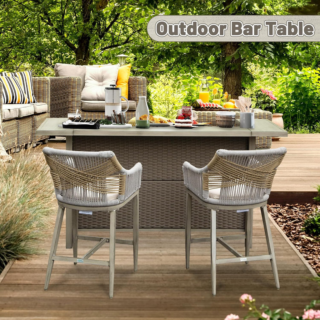 Outdoor Bar Table with Storage, Aluminum & PE Wicker Patio Bar Tables, Outdoor Kitchen Cabinet Furniture Weatherproof, Outside Bars for BBQ Cooking, Farmhouse Buffet with Shelves, Wood Grain