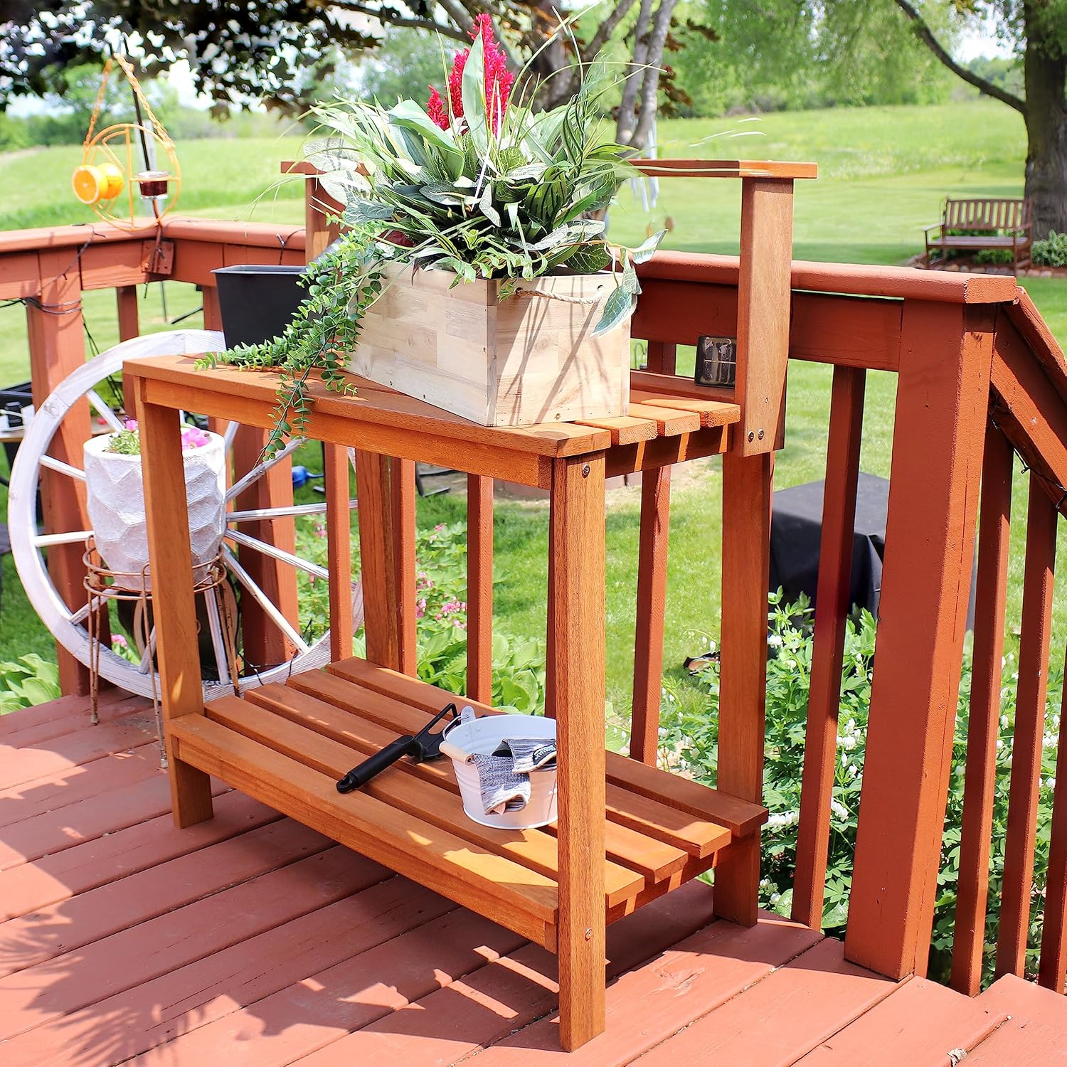 Sunnydaze 42-Inch Meranti Wood Outdoor Potting Bench with Storage Shelf - Teak Oil Finish