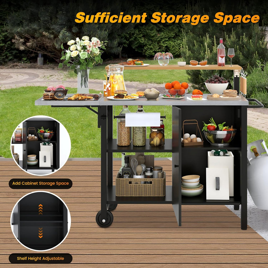 Sundale Outdoor Girll Cart with Stainless Steel Top & Storage Cabinet, Movable Multi Layer Food Pre Table with Side Shelf for Pizza Oven, BBQ, Outdoor Kitchen Island for Parties