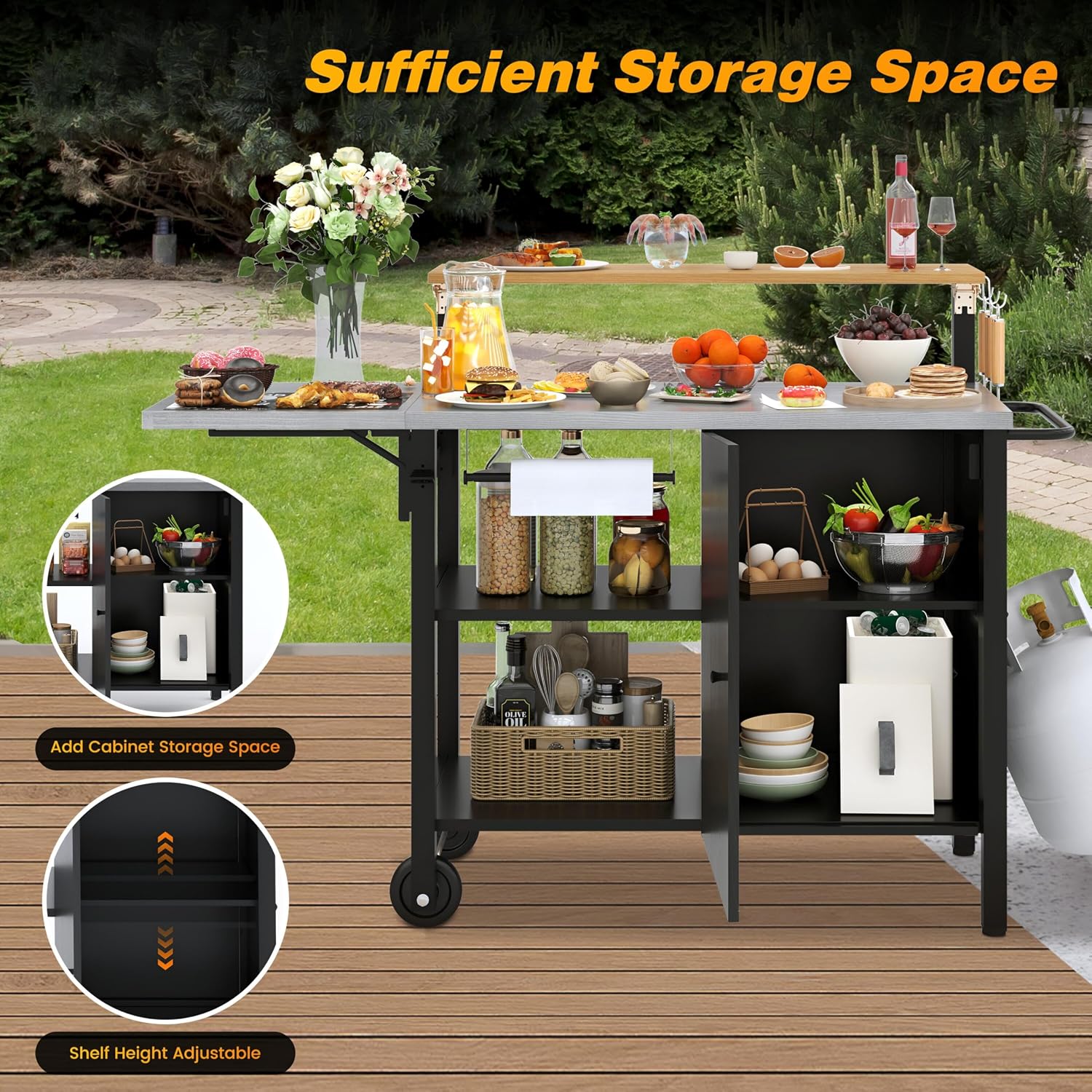 Sundale Outdoor Girll Cart with Stainless Steel Top & Storage Cabinet, Movable Multi Layer Food Pre Table with Side Shelf for Pizza Oven, BBQ, Outdoor Kitchen Island for Parties