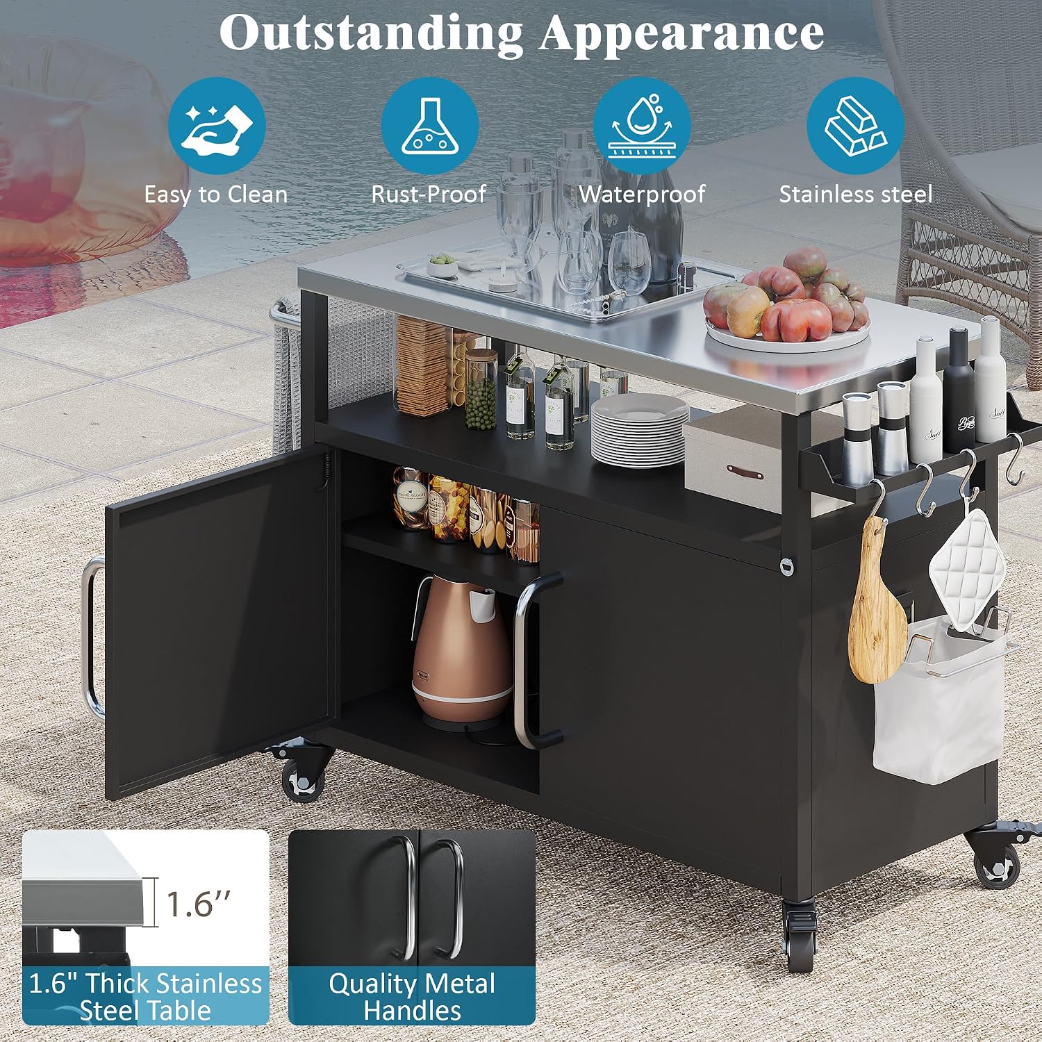 54.5' Outdoor Grill Cart with Storage Cabinet, Metal Grill Cart Table with Movable Universal Wheels and Stainless Steel Top, for Patio, Kitchen Prep, Grilling Accessories, Black