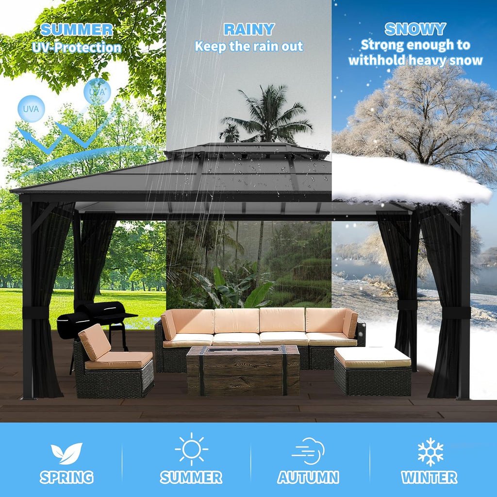 MUPATER Outdoor Gazebo, 12' x 16' Polycarbonate Hardtop with Aluminum Frame, Double Roof Patio with Insect Netting for Patios, Deck, Lawns and Gardens, Black