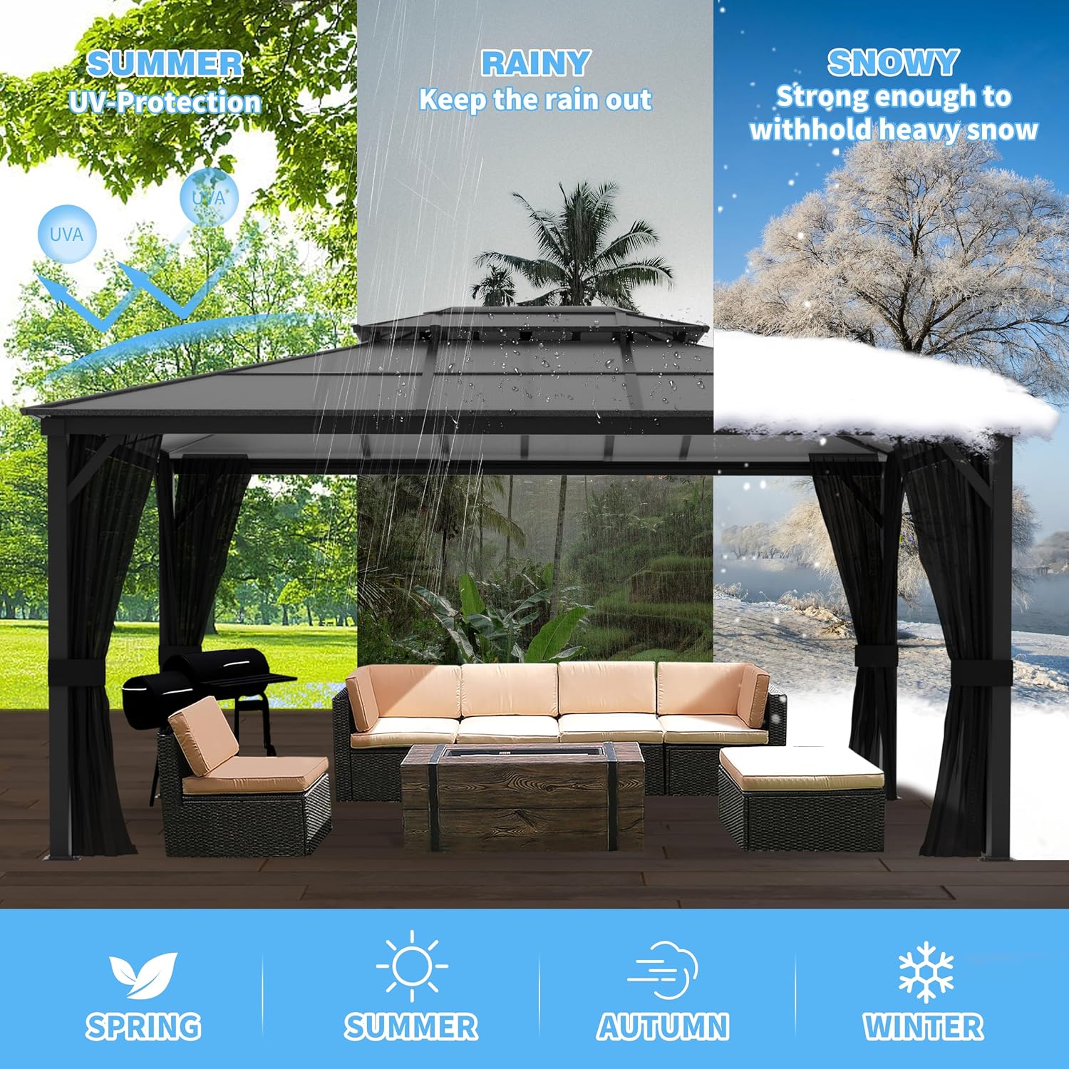 MUPATER Outdoor Gazebo, 12' x 16' Polycarbonate Hardtop with Aluminum Frame, Double Roof Patio with Insect Netting for Patios, Deck, Lawns and Gardens, Black