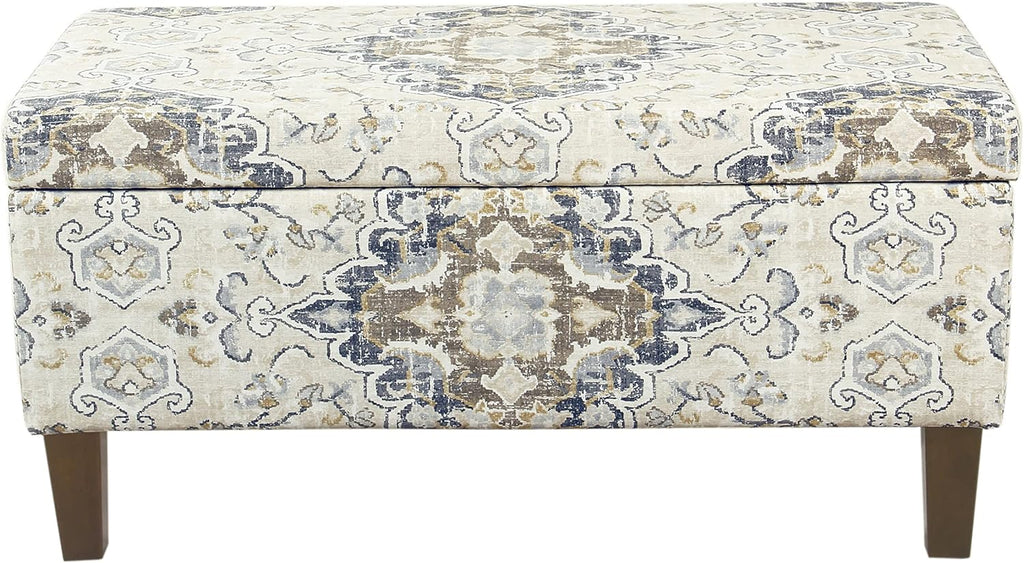 HomePop Ottomon Upholstered Rectangular Storage Ottoman Bench with Hinged Lid, Antiqued Medallion Print Ebony and Cream