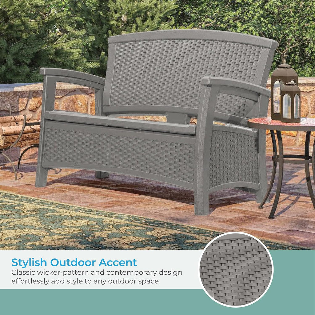Suncast Outdoor Wicker Love Seat with 23-Gallon Storage, Comfortable Seating for Two, Ergonomic Back Support, All-Weather Furniture for Patio, Deck, and Garden, Gray, Made in The USA