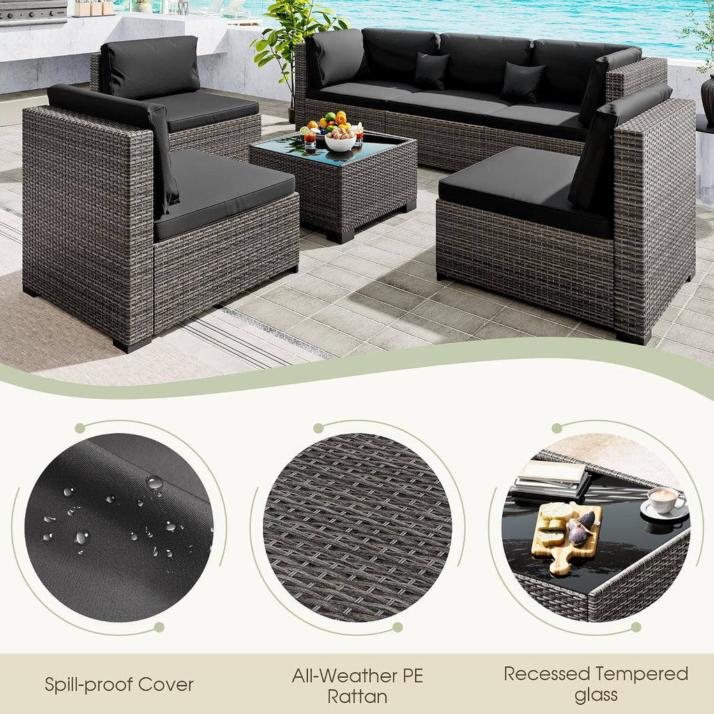 LHBcraft 7 Piece Patio Outdoor Furniture Set, Outdoor Sectional, All-Weather Hand-Woven Wicker Black Patio Sectional, Rattan Outside Furniture with Cushion and Glass Coffee Table