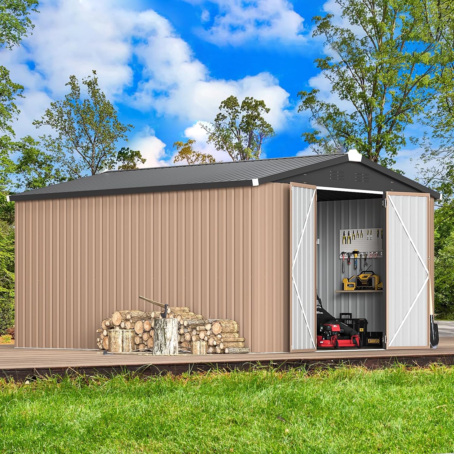 U-MAX 10x14 Outdoor Storage Shed, Large Metal Outside Storage Garden Sheds & Outdoor Storage Shed Clearance, Tool Shed Lockable for Backyard, Patio and Outside Use in Gray