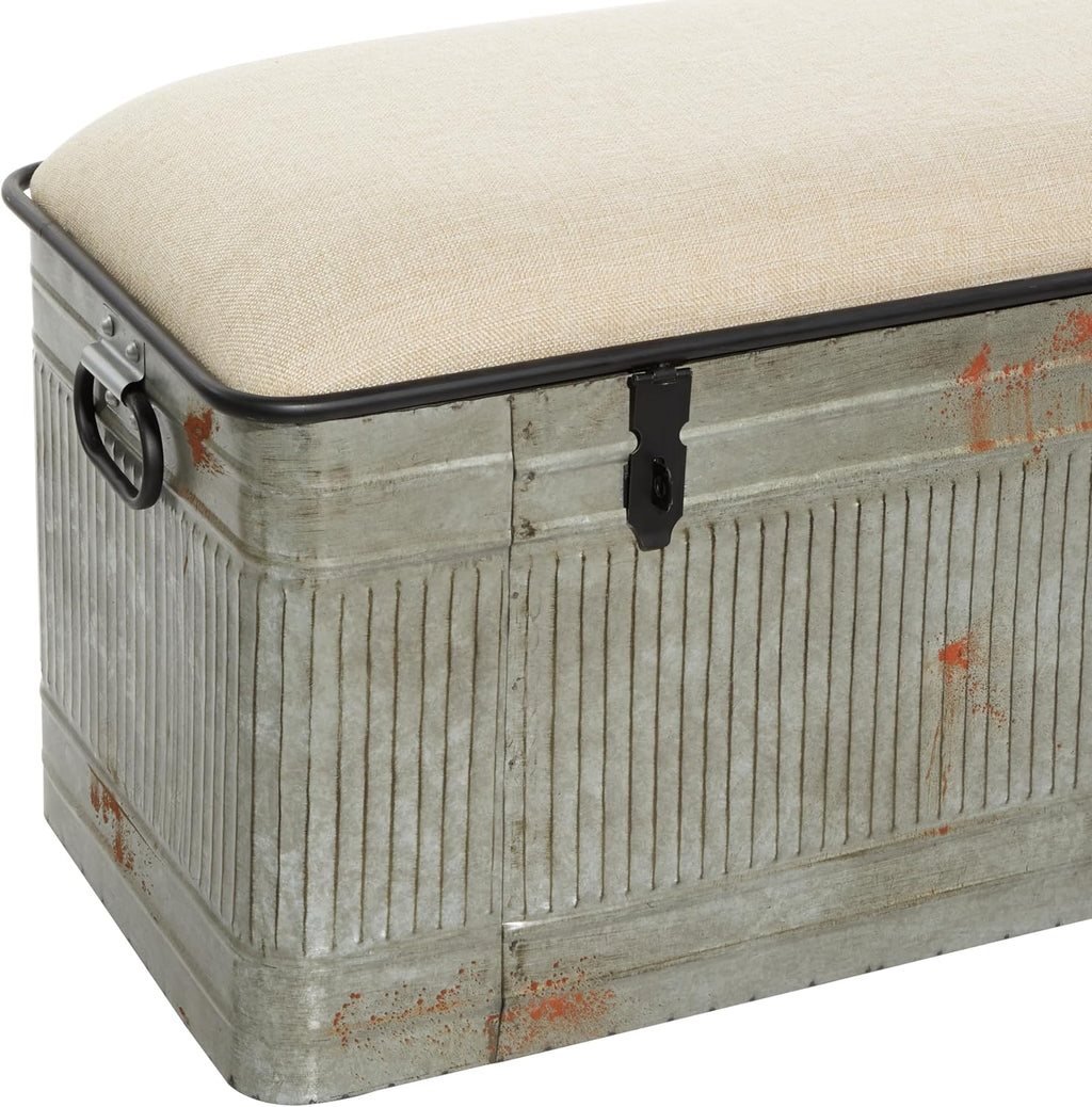 Deco 79 Metal Room Storage Bench Galvanized Entryway Bench with Cream Burlap Top, Bench 50' x 16' x 18', Gray