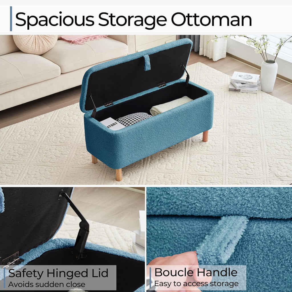 Boucle Storage Ottoman Bench for Bedroom end of Bed, Sherpa Upholstered Shoe Seat Storage Bench for Entryway Bed Foot, Rectangle Cushion Padded Blanket Chest Cute for Living Room, Light Blue