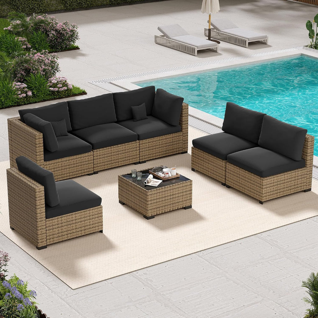 LHBcraft 7 Piece Patio Outdoor Furniture Set, Outdoor Sectional, All-Weather Manual Weaving PE Rattan Wicker Patio Sectional Sofa, Rattan Outside Furniture with Black Cushion and Glass Coffee Table