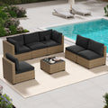 LHBcraft 7 Piece Patio Outdoor Furniture Set, Outdoor Sectional, All-Weather Manual Weaving PE Rattan Wicker Patio Sectional Sofa, Rattan Outside Furniture with Black Cushion and Glass Coffee Table