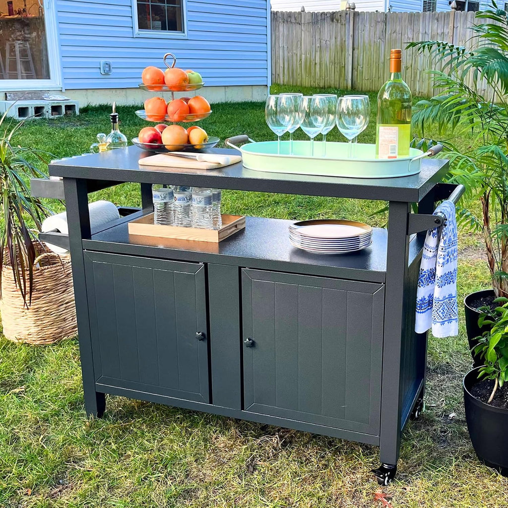 Domi Outdoor Grill Cart with Wheels,XL Outdoor Kitchen Island with Storage,Cooking Prep BBQ Table for Patio, Home Party, Lawn & Garden (Grey)